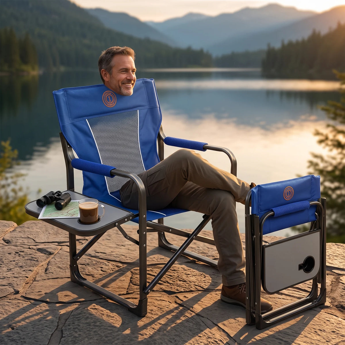 OMEGA KOREA 1 Heavy Duty Portable Director Camping Chair – Folding Outdoor Chair with Attached Side Table, Cup Holder & Mesh Backrest - Blue - Image 4