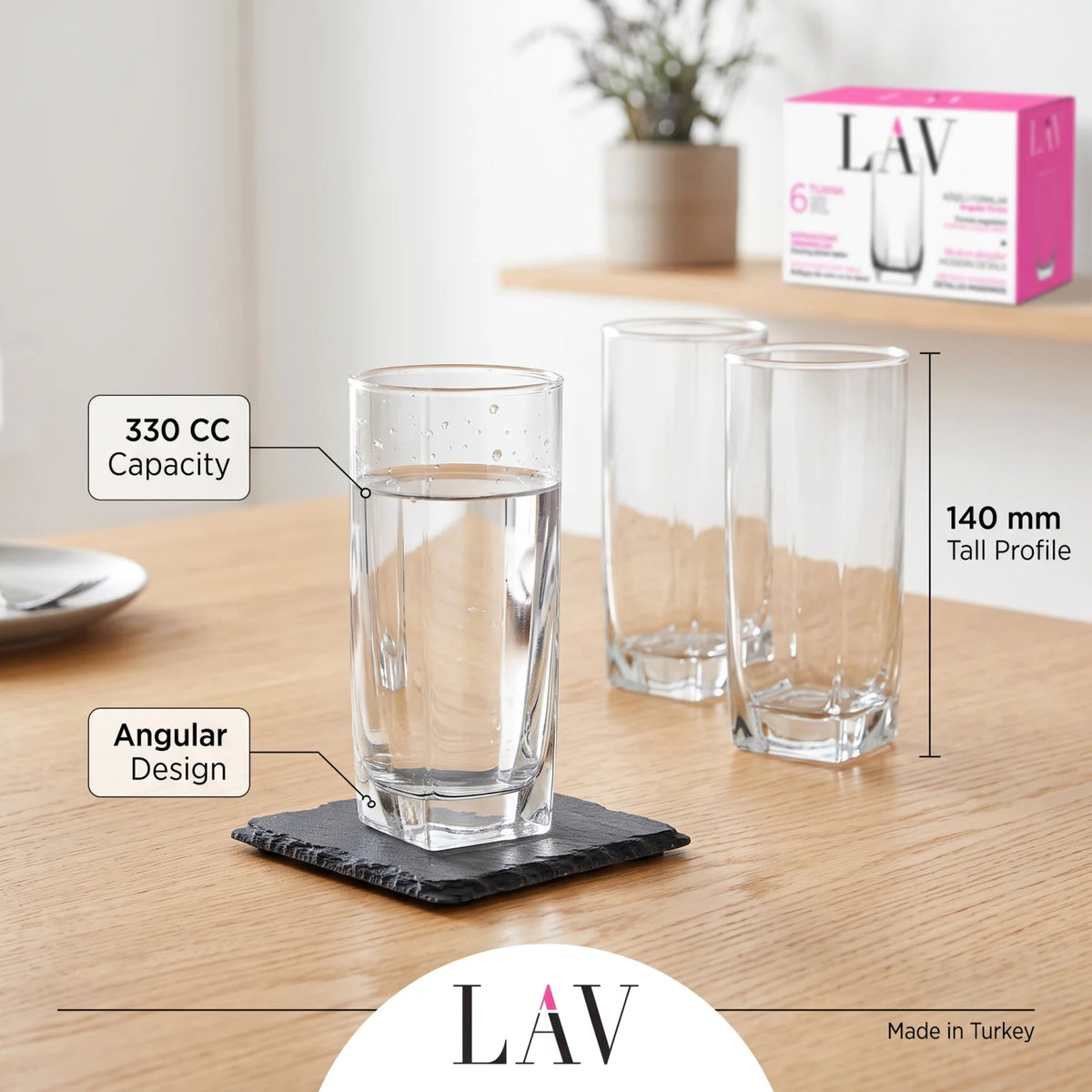 LAV 3 Pieces Glass Set – 330 cc Clear Glass Tumblers, 140 mm Tall, Angular Design, Dishwasher Safe Drinking Glasses Made in Turkey