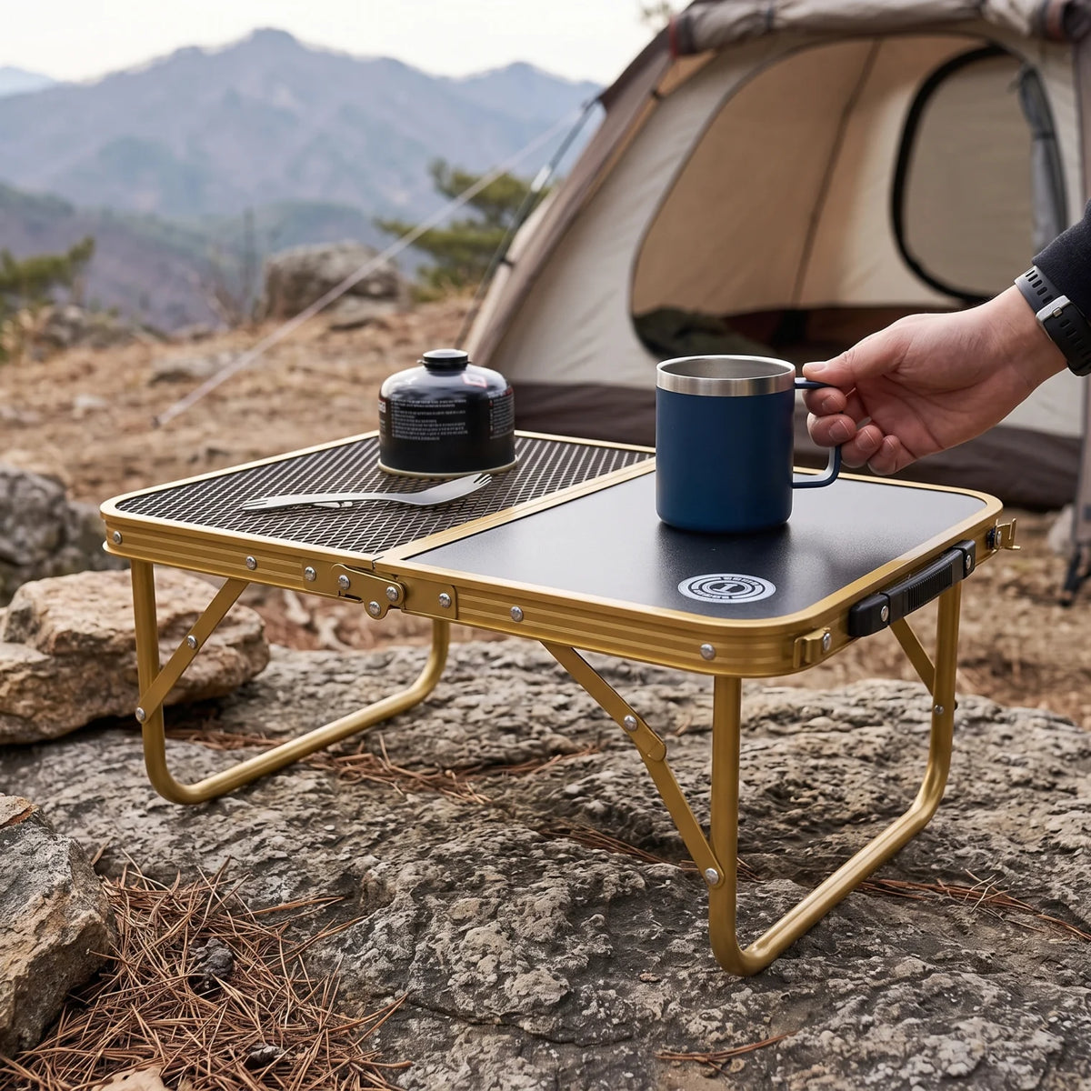 Omega 1 Korea Lightweight Gold Toned Outdoor Camping Table – 60 x 40 x 25 cm | Split Heat-Resistant Mesh and Solid Tabletop | Folding Table