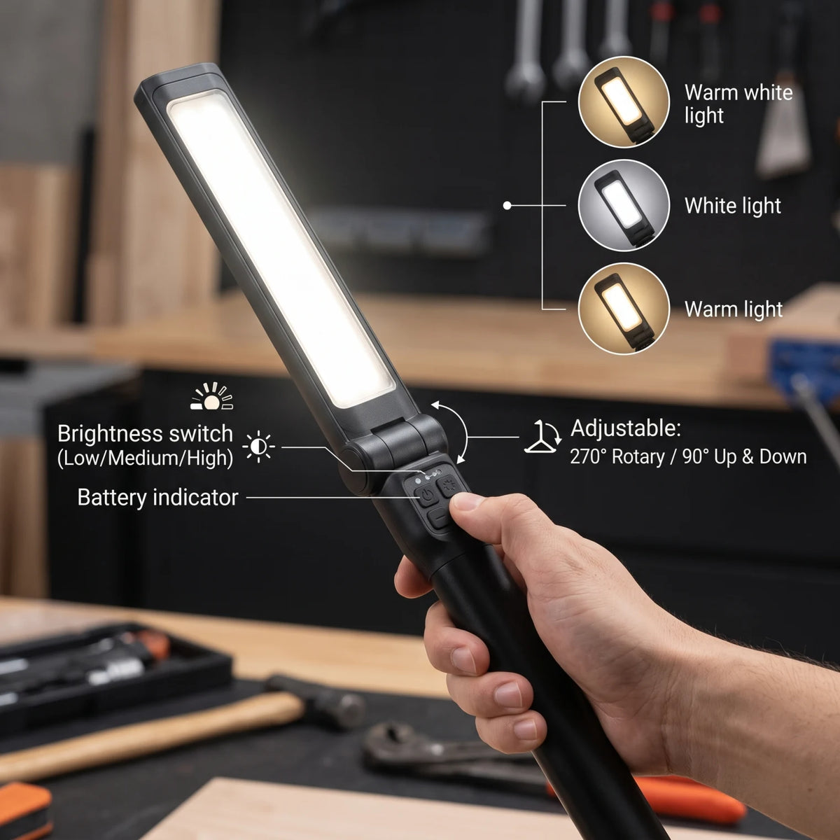 Collapsible Super Bright Work light - D78 | Black LED Work Light with Adjustable 270°/90° Head and Long Pole for Flexible Positioning