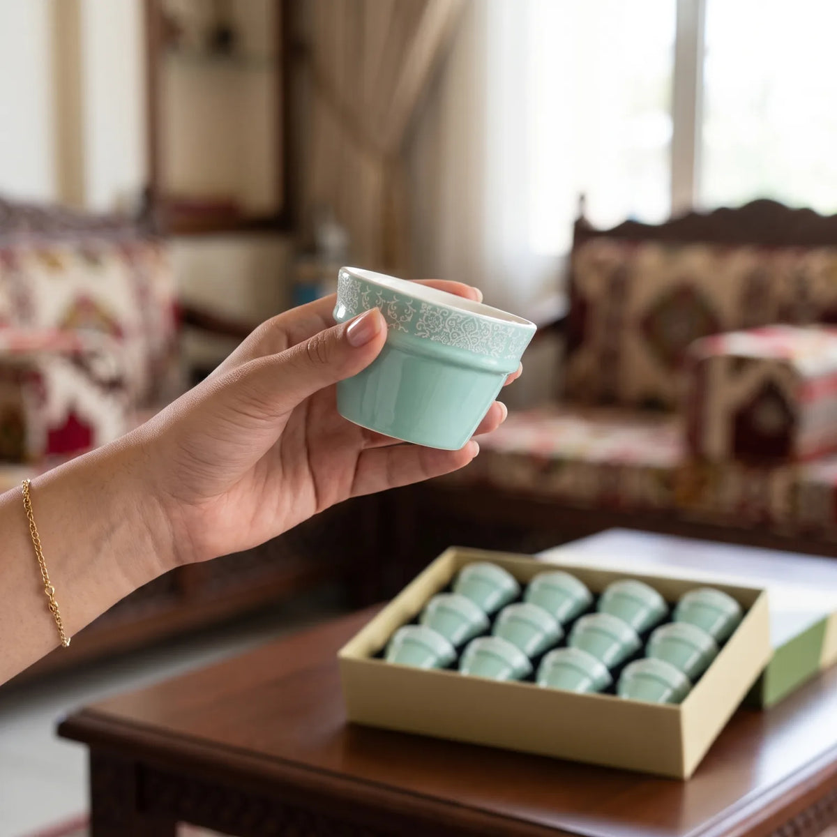 Dallah Addar Arabic Coffee Cups 12 Pieces Set – Handleless Mint Green Cups with White Ornamental Patterns