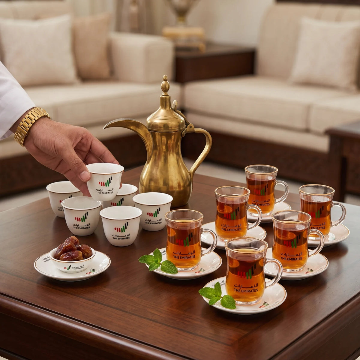The Emirates 18-Piece Cups and Saucers Set – Arabic Coffee Cups, Glass Tea Cups and Ceramic Saucers with UAE-Themed Design