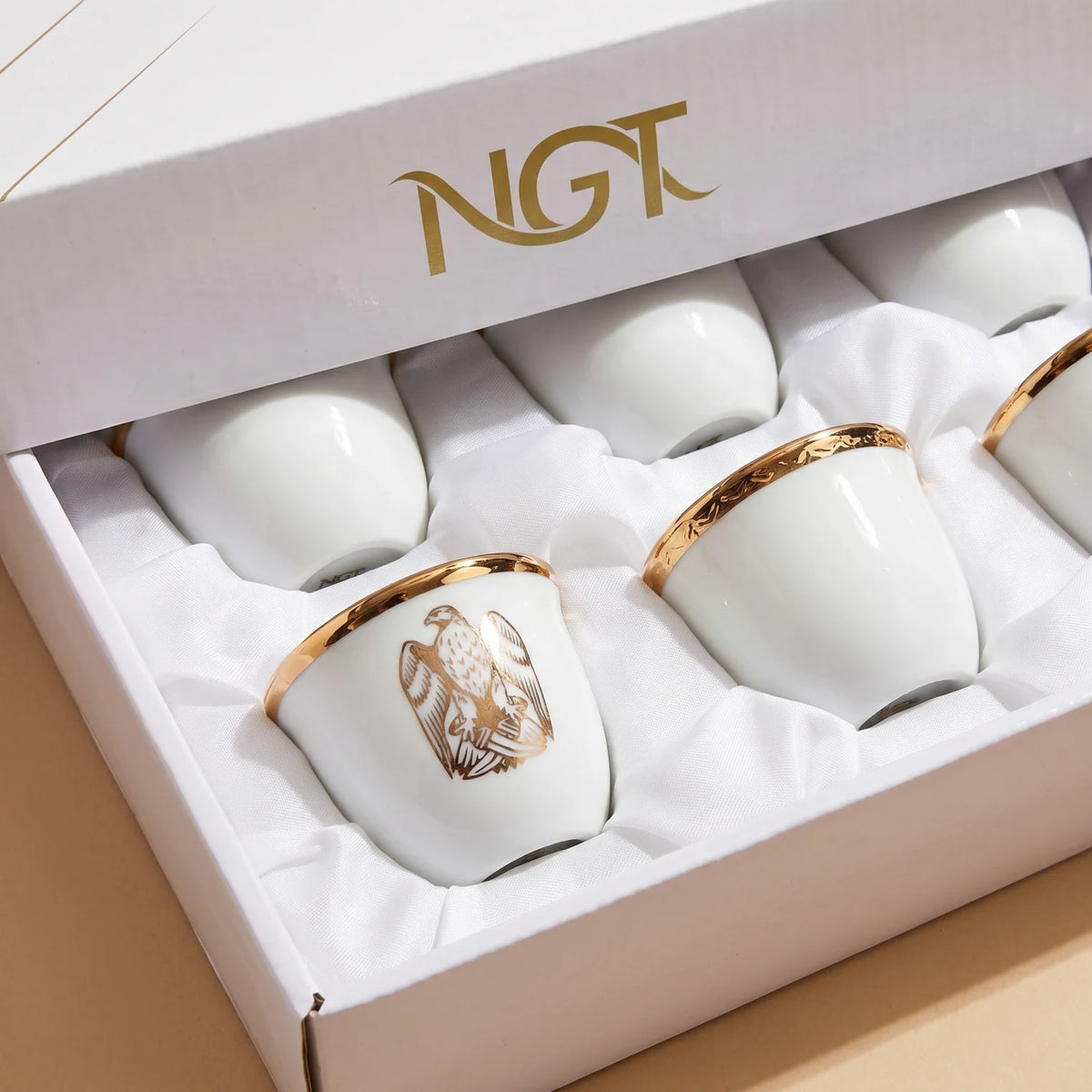 NGT 12-Piece Porcelain Arabic Coffee Gahwa Cup Set – UAE Abu Dhabi Falcon Logo | Handleless Cups | White-Gold or White-Black - White-Gold - Image 4