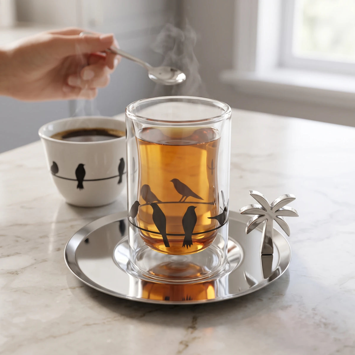 Fashion Home Elegant 18-Piece Tea & Coffee Set with Double-Wall Glass Cups, Metallic Saucers, Bird Pattern Cups & Palm Tree Ornaments
