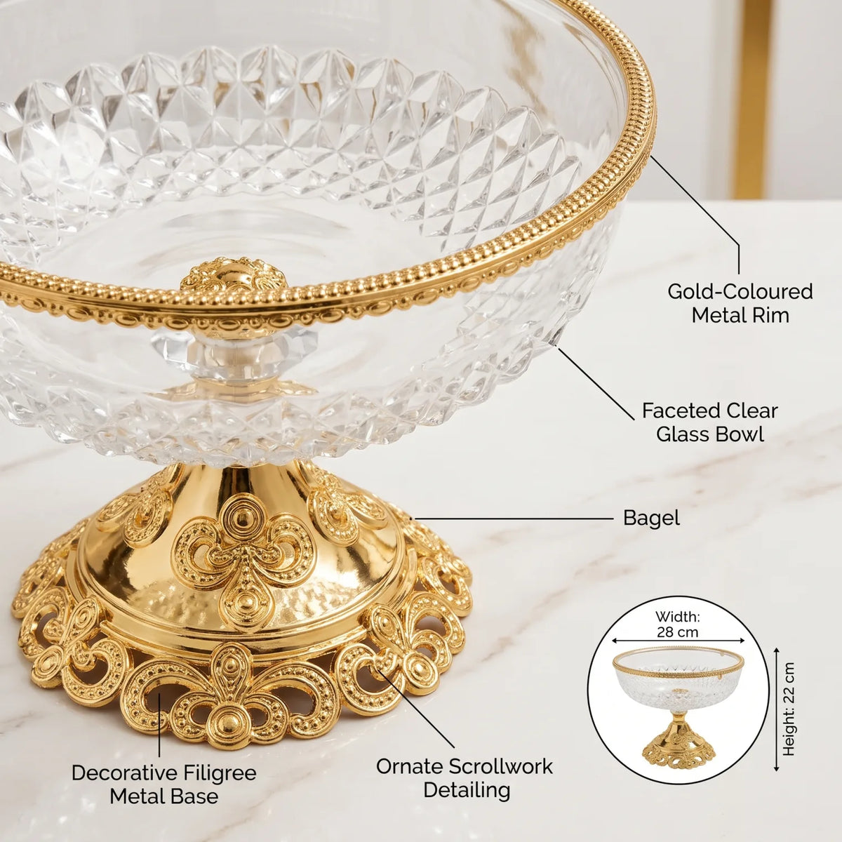 Glass Serving Bowl 28 cm × 22 cm – Elevated Pedestal Design | Faceted Clear Glass with Decorative Metal Base and Rim - Gold - Image 4