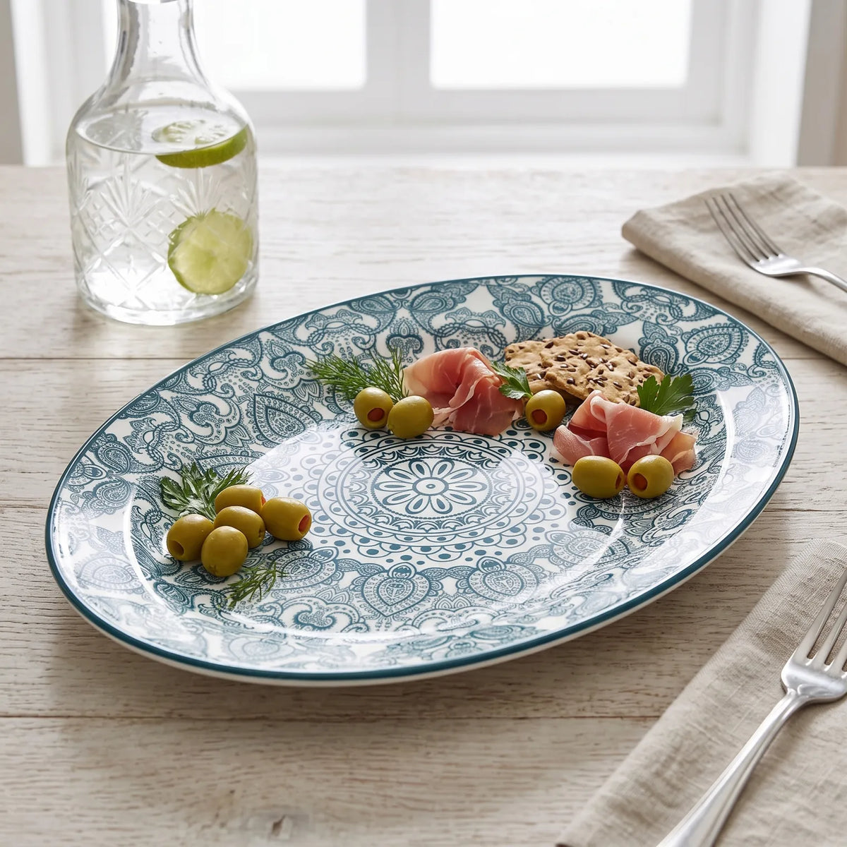 Che Brucia Oval porcelain plate – 30 CM or 35 CM | Green or Blue | Glossy Decorative Porcelain Serving Plate with Raised Rim and Ornamental Pattern - Green / 35 CM - Image 4