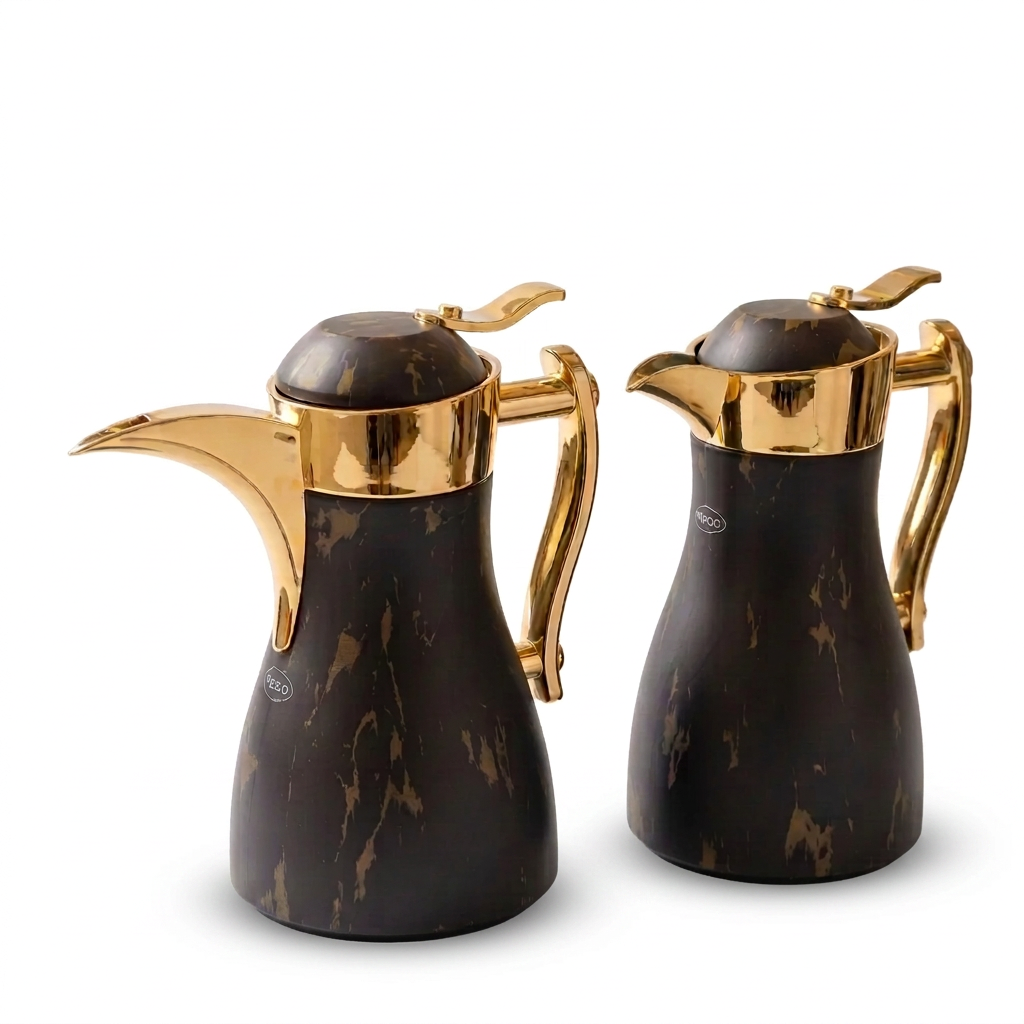 PISCO Pil Insulated Beverage Carafe – Black and Gold Marbled Design with Handle, Spout and Hinged Lid