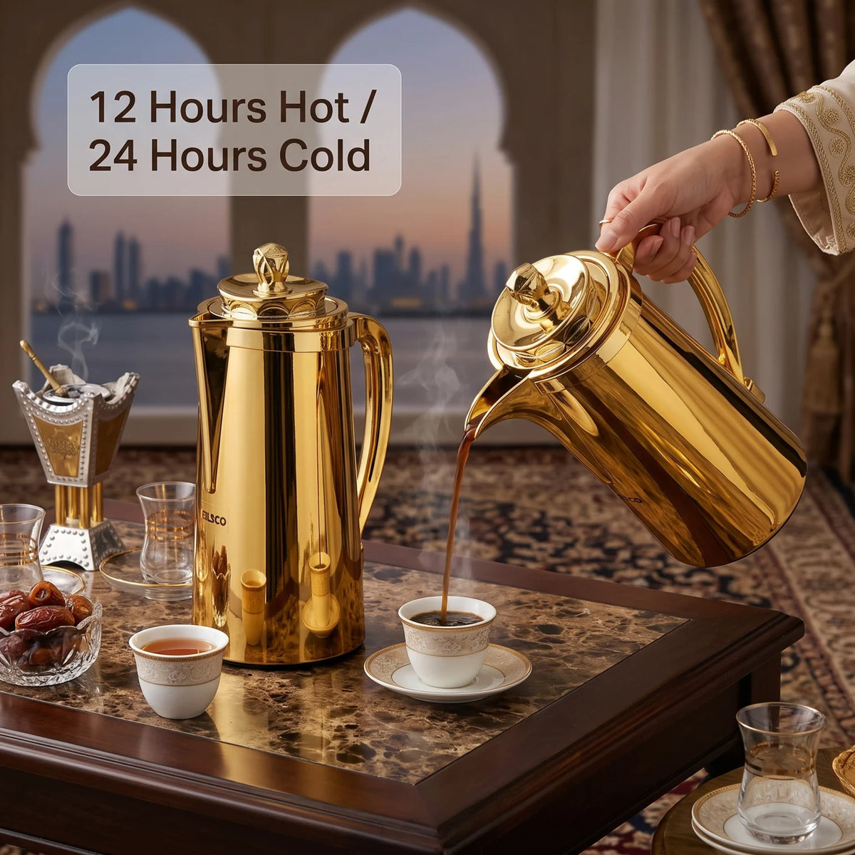 Pilsco 2-Piece Shinly Gold Delux vacuum flask set – Arabic Design | 1.0 + 1.0 Liters | Stainless Steel | Leak Proof