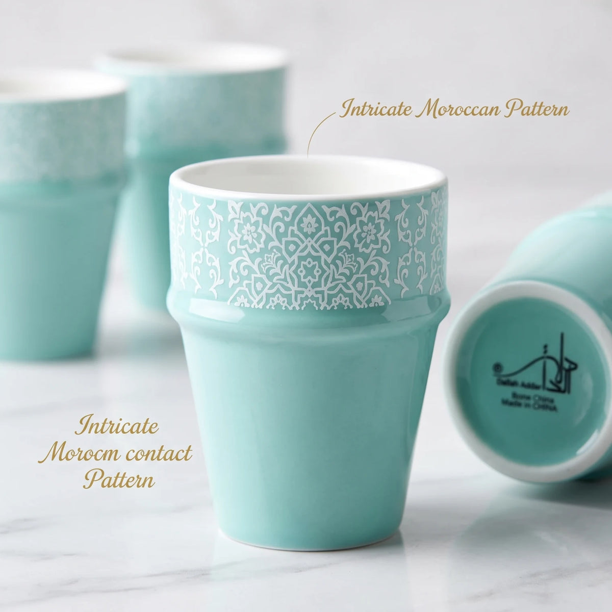 Dallah addar 12 Pieces Arabic Moroccan Bone China Porcelain Cups Set – Mint Handleless Drinking Cups with Floral Pattern and Presentation Box