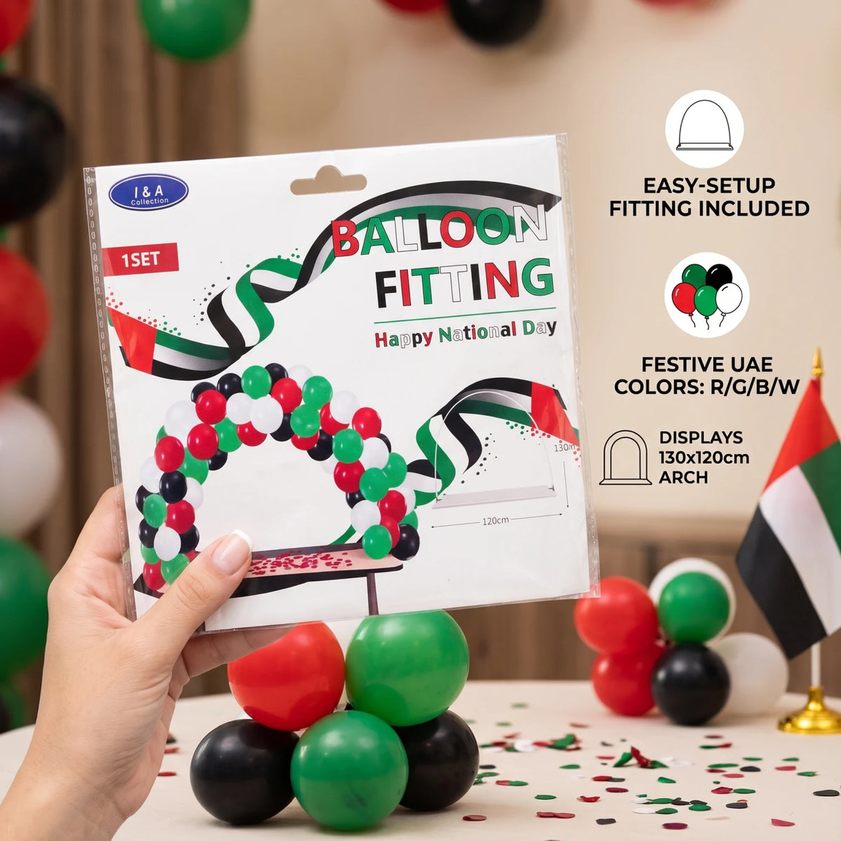 I & A Collection Baloon fitting UAE national day – 1 Set | Red, Green, Black & White Balloon Decoration, 130cm × 120cm