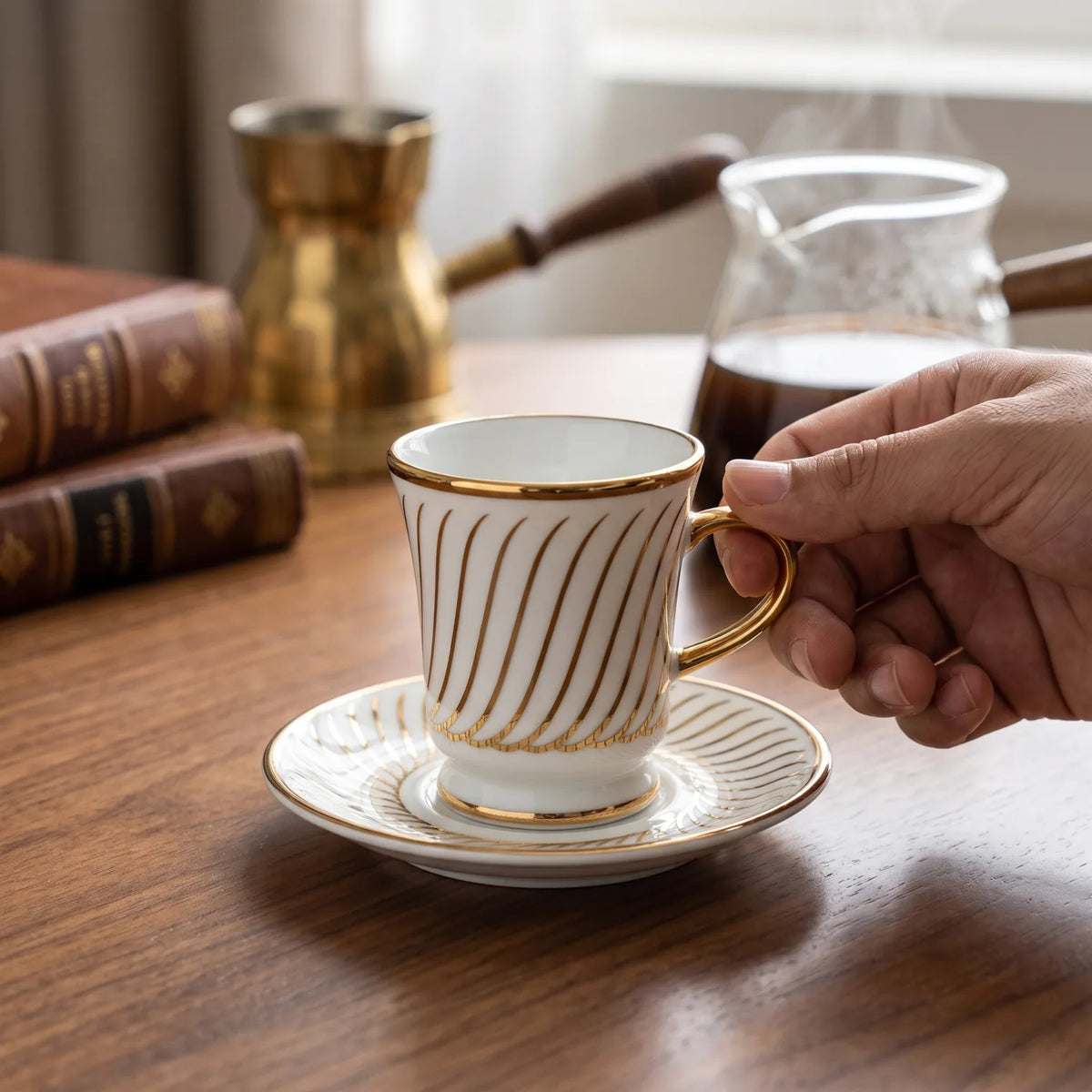 NGT Fine Porcelain Cups and Saucers Set – 12 Pieces | White Tea Coffee Cups with Gold-Colored Accents