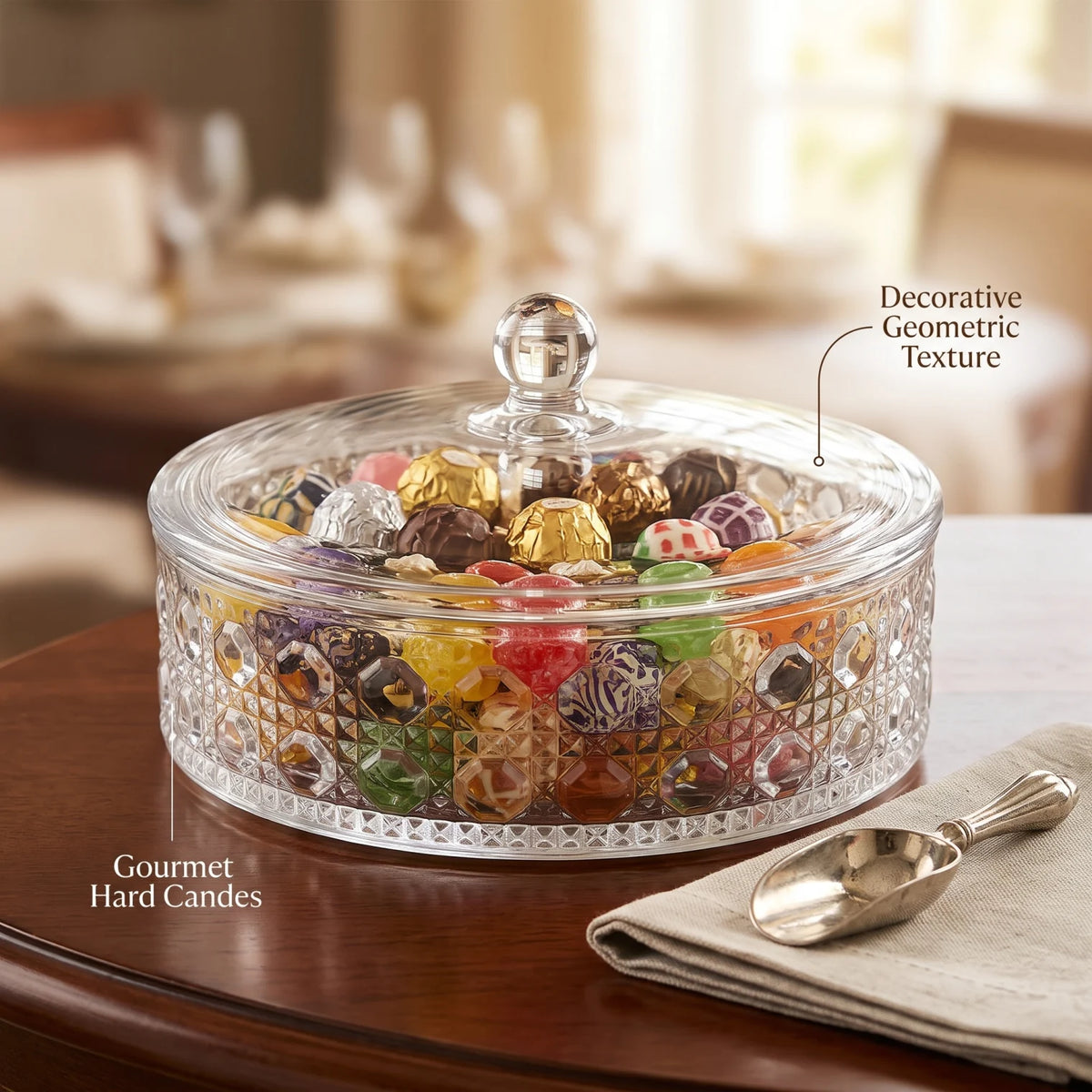 AML Glass Candy Pot – 25.5 CM Covered Glass Dish with Clear Dome Lid and Decorative Geometric Pattern