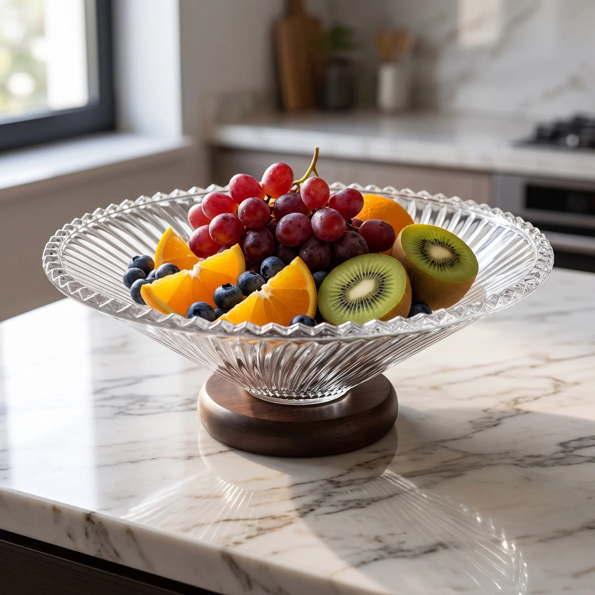 Premium Glass Fruit Platter with Radiant Ribbed Design – 25 x 25 x 9 cm, Dark Wood Pedestal Base, Decorative Serving Dish
