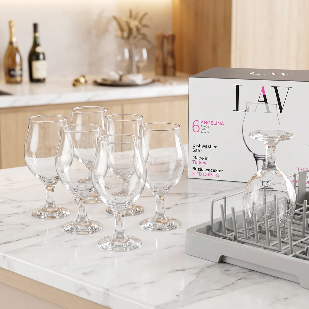 LAV 6 Pieces Set – 570 CC Clear Stemmed Wine Glasses, 183 mm Tall, Dishwasher Safe, Rounded Bowl Design, Made in Turkey