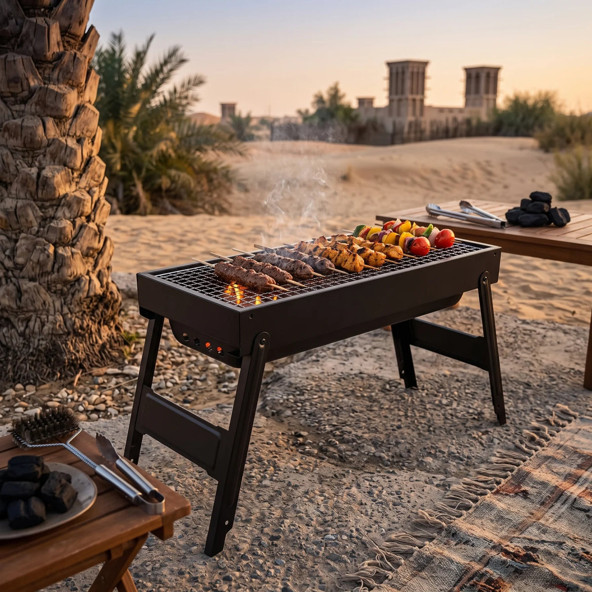 JIHAM Portable barbecue grill – Black Outdoor BBQ Grill with Rectangular Cooking Grate, Enclosed Body and Raised Legs for Outdoor Cooking