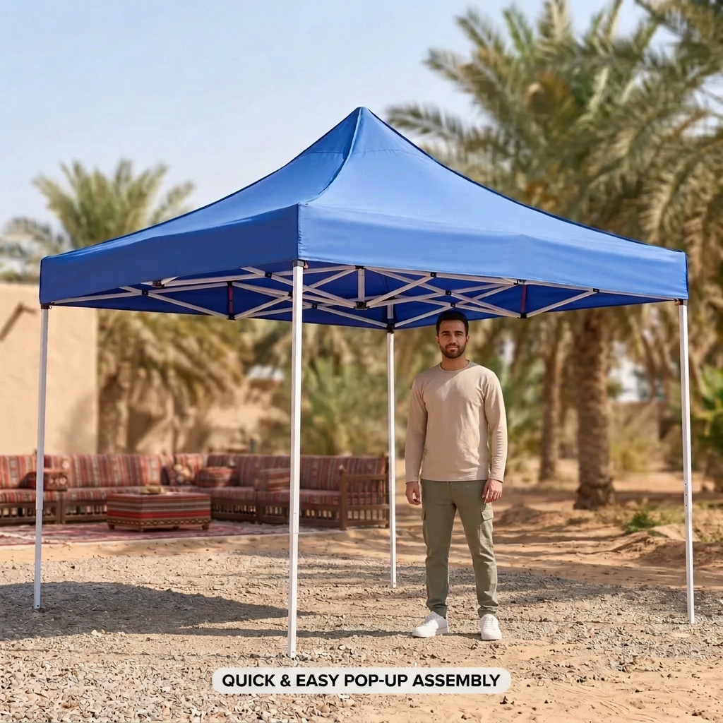 Portable Blue Pop-Up Outdoor Camping Canopy Tent 300 x 300 x 290cm | Folding Frame, Peaked Roof, Open-Sided Shelter