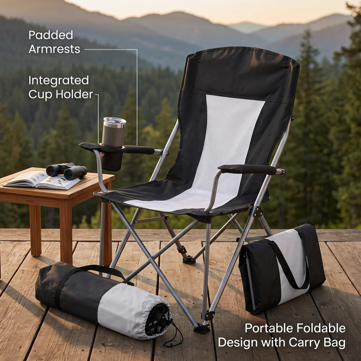 Portable Foldable Outdoor Camping Chair – 94 x 64 x 73 cm | Padded Armrests, Built-In Cup Holder | Folding Leisure Seat for Camping - Black-White - Image 4