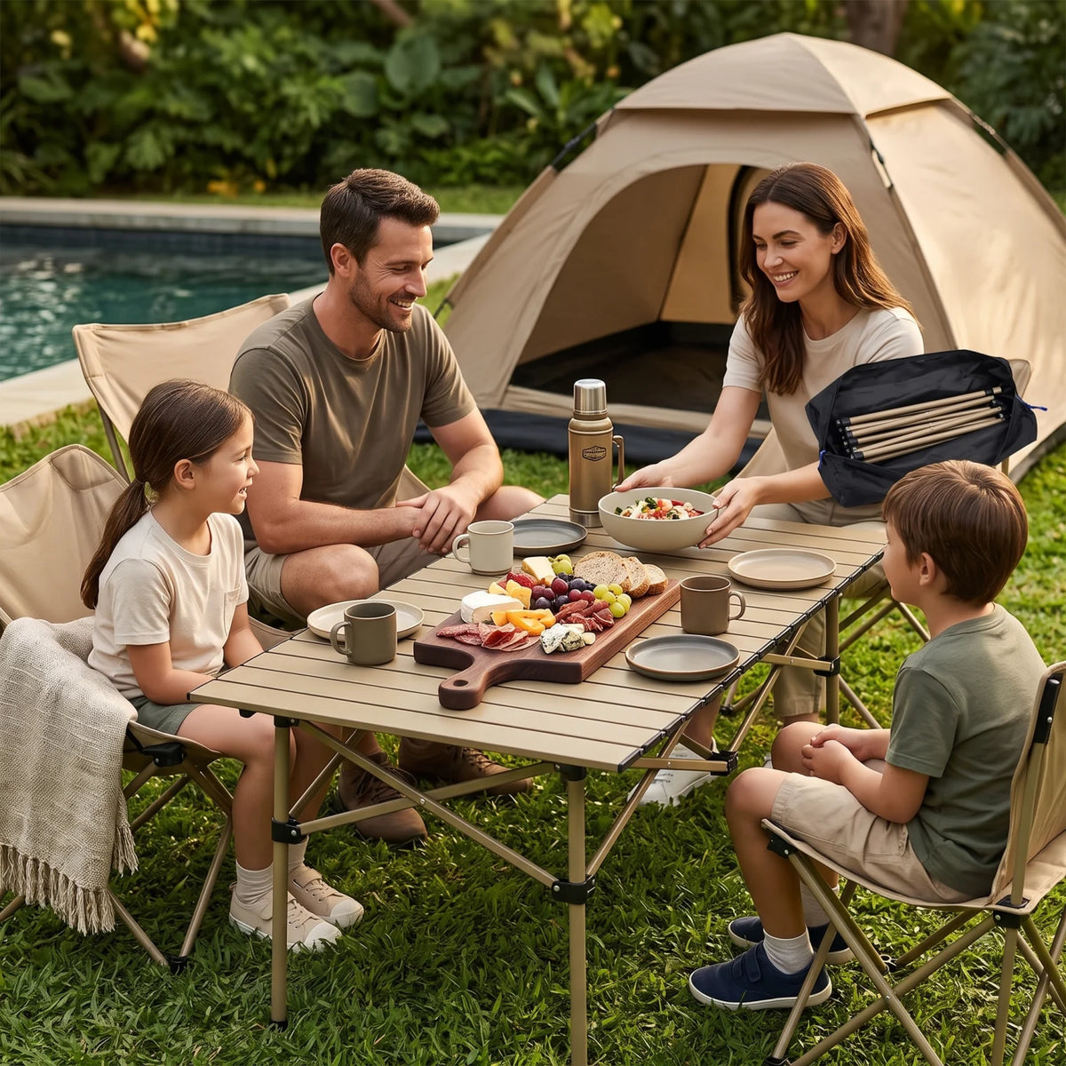 Portable Dark Beige Folding Roll-Up Camping Table – 120cm x 55cm x 50cm | Slatted Top, Metallic Frame for Picnics, BBQs & Outdoor Activities