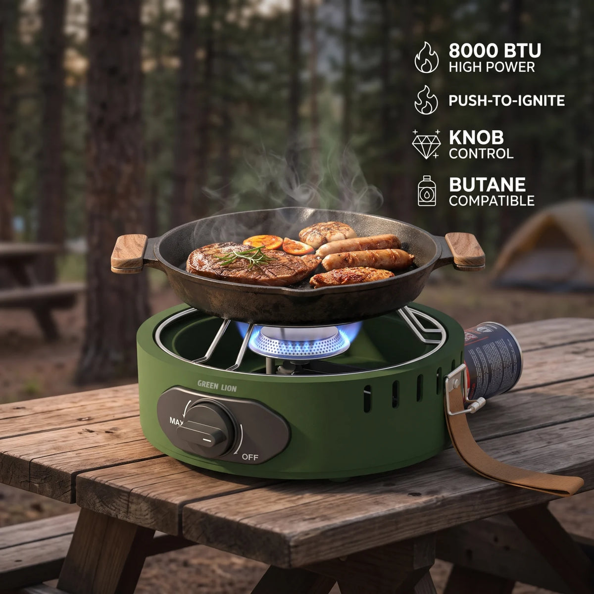 GREEN LION SOLO FLAME Camping Stove – Green Butane Gas Compatible Single Burner | Push-to-Ignite, Knob Control, 8000 BTU High Power