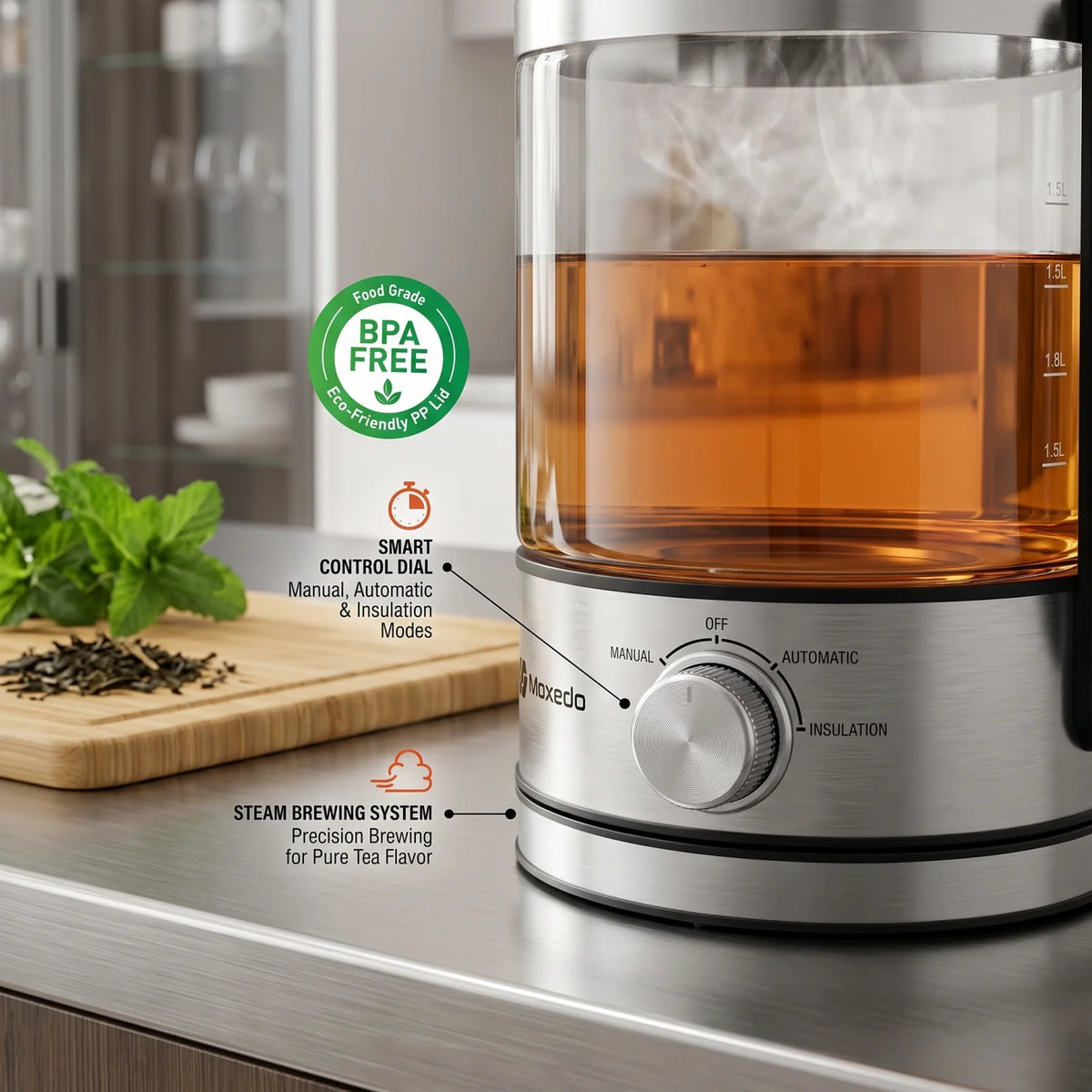 Moxcuo Aeris 1.5L Electric Steam Tea Brewer – Glass Carafe | Manual, Automatic & Insulation Modes | BPA-Free Eco-Friendly PP Lid