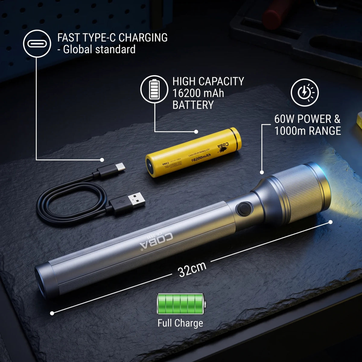 COBA FLASHLIGHT – Rechargeable LED Torch, 60W Power, 1000m Irradiation Distance, 16200mAh, Push-Button Control, 32cm Long