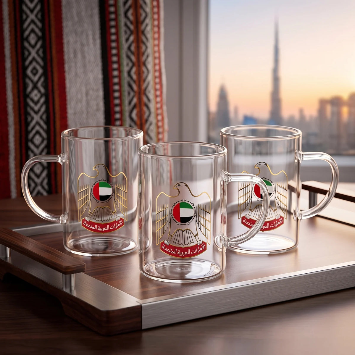 HOME ELEGANCE UAE national 3 pieces glass set – 3 Glass Mugs with Handles, UAE Flag and Falcon-Themed Decoration