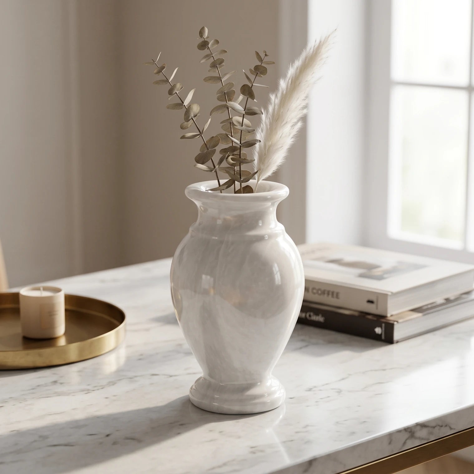 Marble flower Vase – 19 x 12 x 12 cm | White Decorative Vase with Rounded Body and Flared Rim