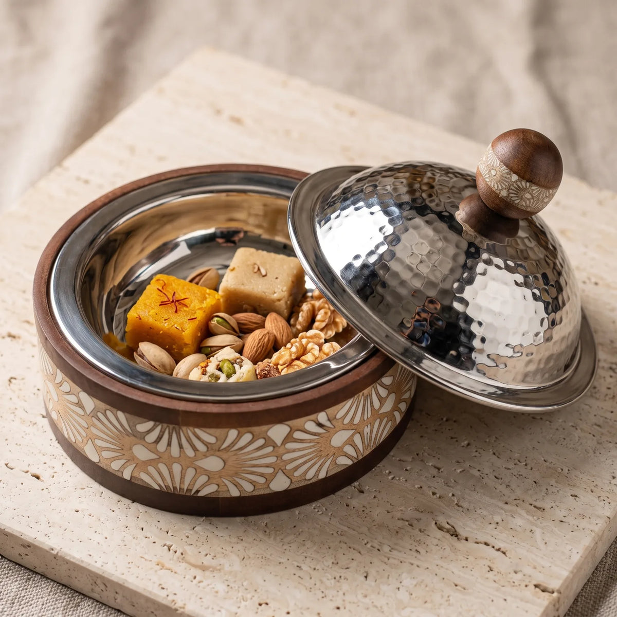 Dallah Addar Wooden and Steel Serving Pot with Lid, 15 x 18 x 18 cm | Halwa, Sweets, Candy and Nuts Serving Container