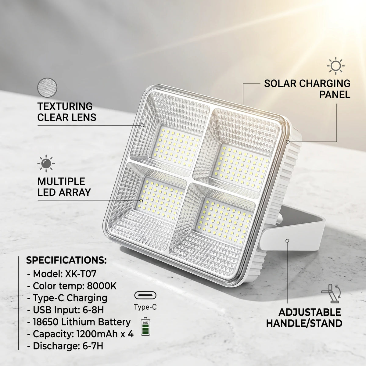 XKJ Solar camping light (XK-T07) – LED Floodlight, Silver and White, Textured Lens, 15 x 14 x 16 cm for Camping