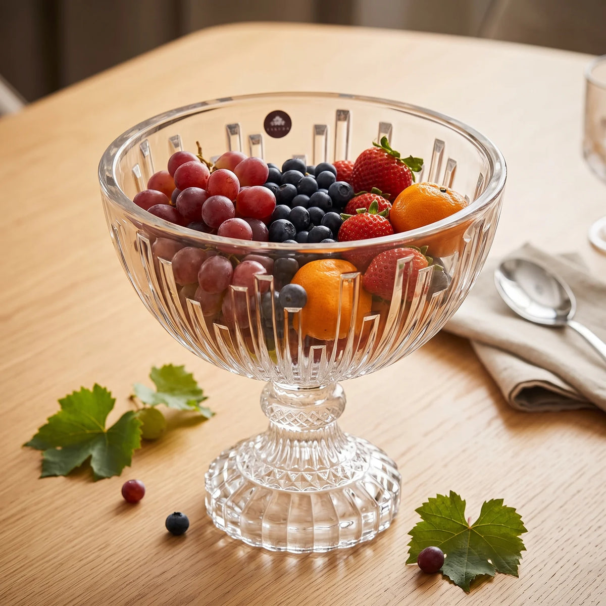 SAKURA Crystal Glass Footed Decorative Serving Bowl – 22 cm High x 23 cm Wide | Ribbed Design for Fruits, Desserts and Trifle