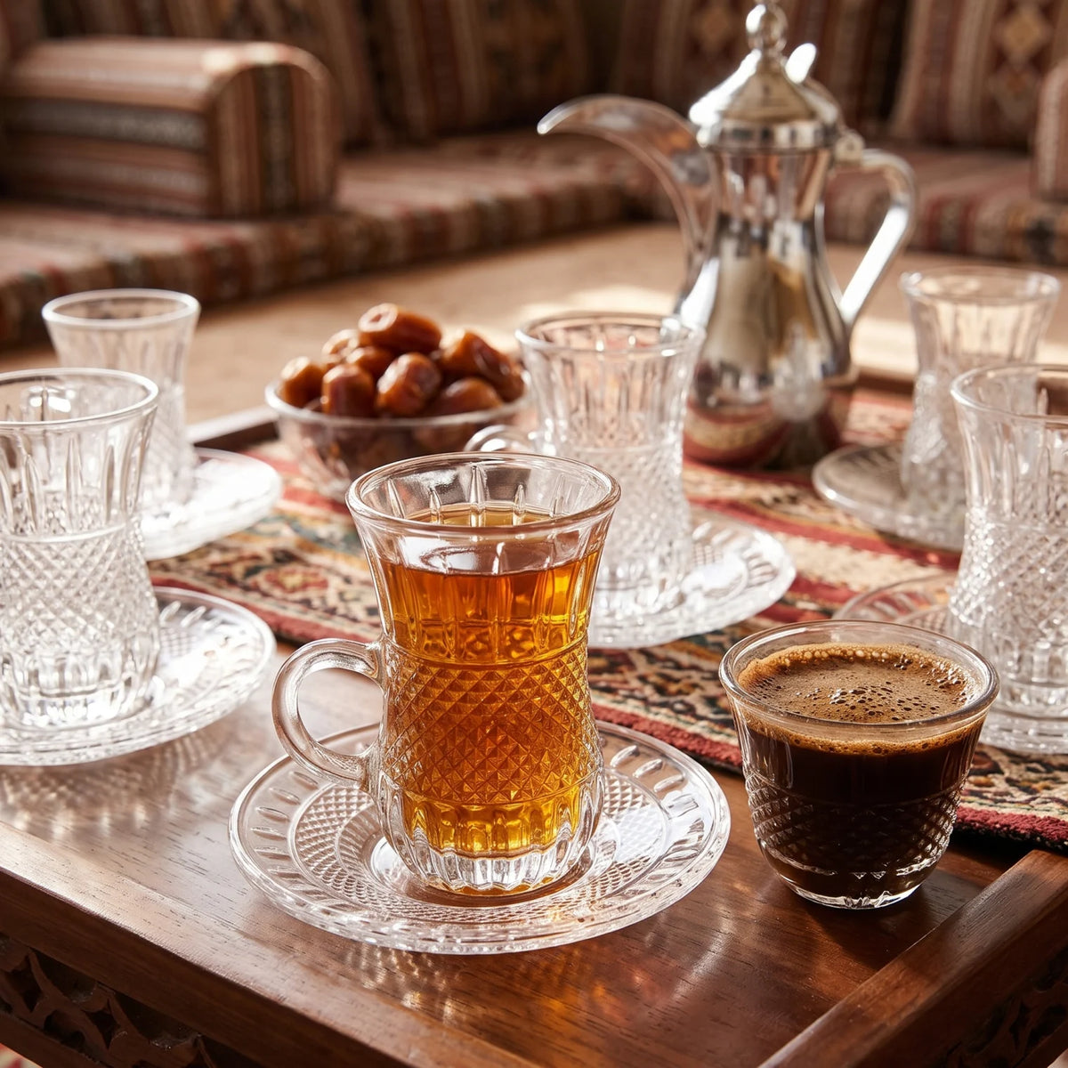 Happy ware 36 Pieces Tea and Coffee Set – 12 Glass Tea Cups, 12 Arabic Coffee Cups & 12 Glass Saucers