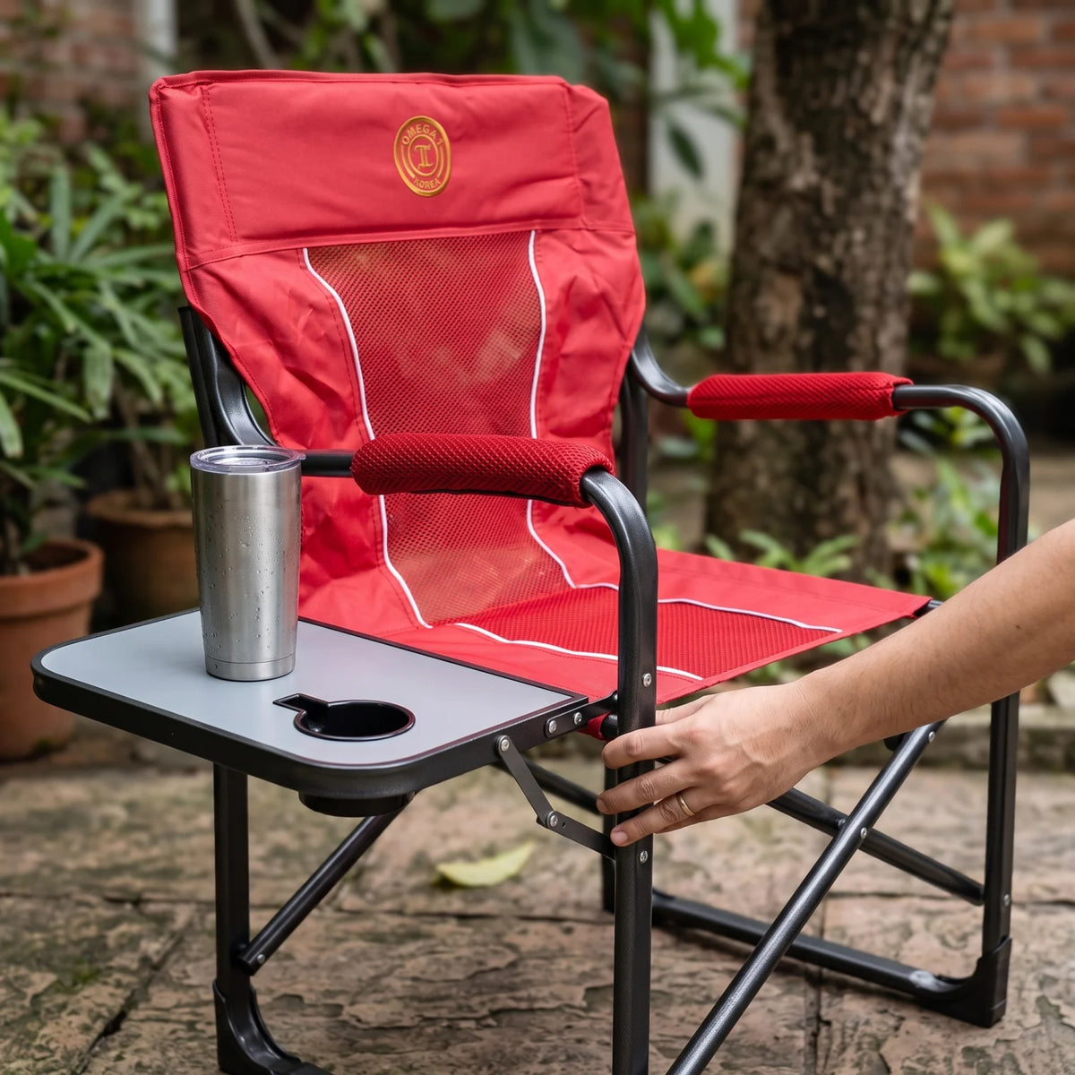 OMEGA KOREA 1 Heavy Duty Portable Director Camping Chair – Folding Outdoor Chair with Attached Side Table, Cup Holder & Mesh Backrest - Red - Image 4