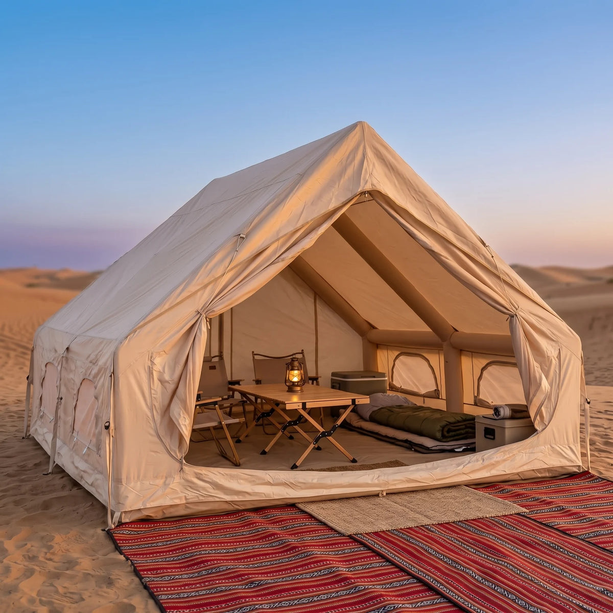 Large Beige Inflatable Camping Tent – 200 x 210 x 300 cm | Peaked Roof, Zippered Doorway, Multiple Window Panels | Outdoor Inflatable Shelter