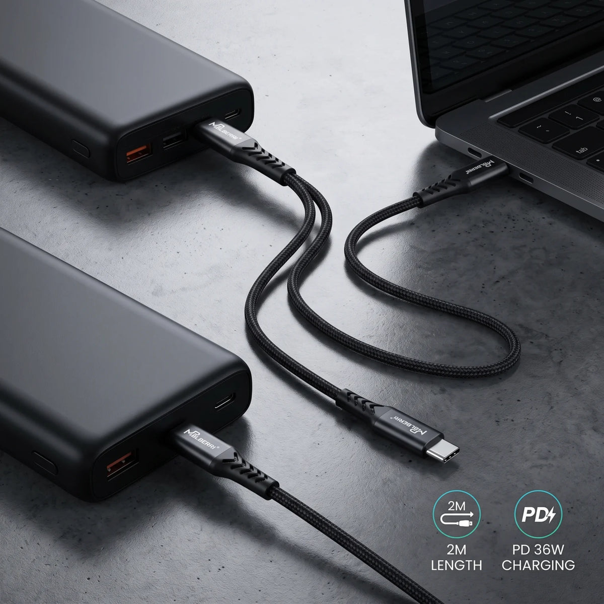 MPBLBERRI Type-C to Type-C PD Charging Cable – 2M, 36W, Black, Braided USB-C Cable