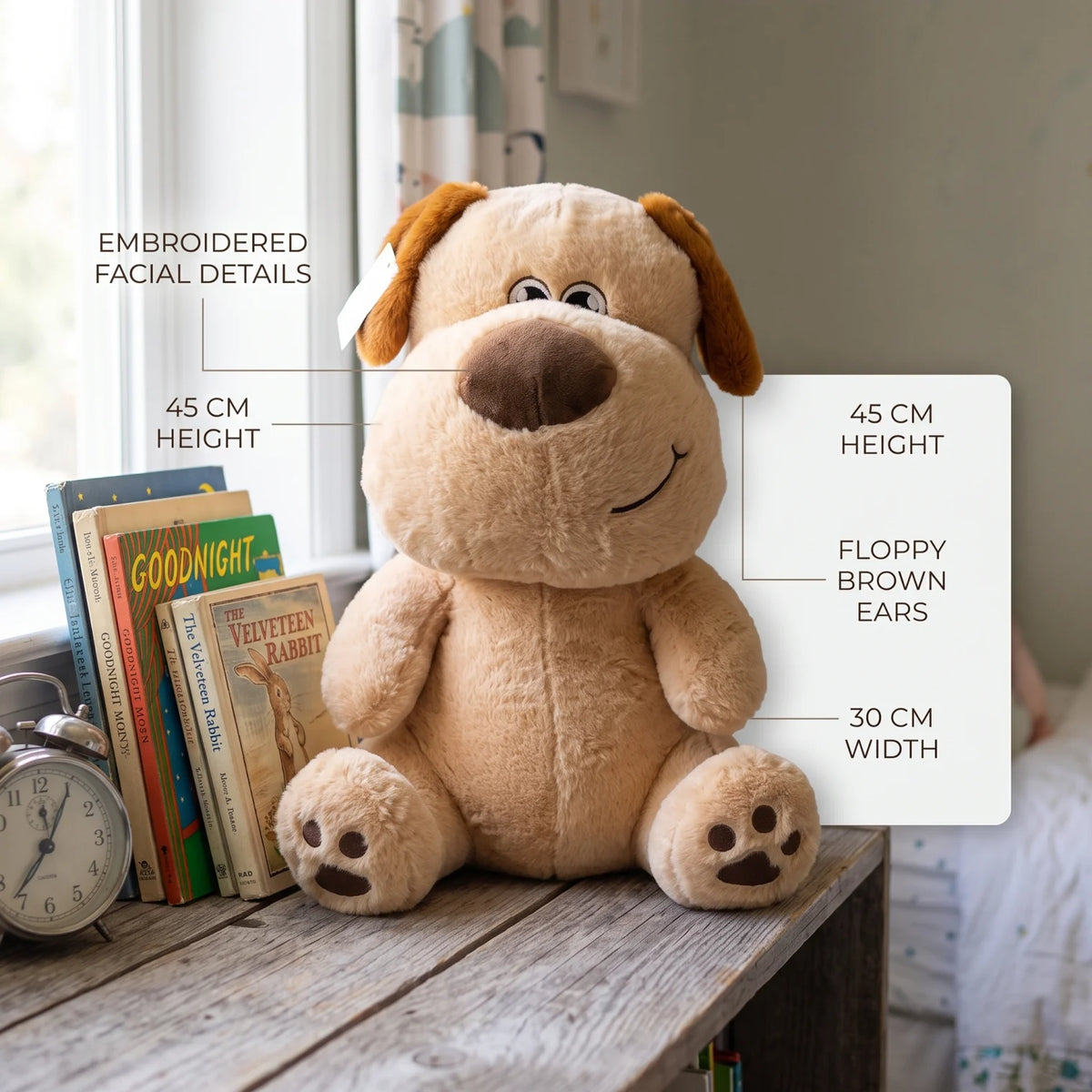 Plush Dog Toy Stuffed Animal – 45 cm Height x 30 cm Width | Seated Beige Dog with Soft Plush Fabric, Floppy Brown Ears and Embroidered Details