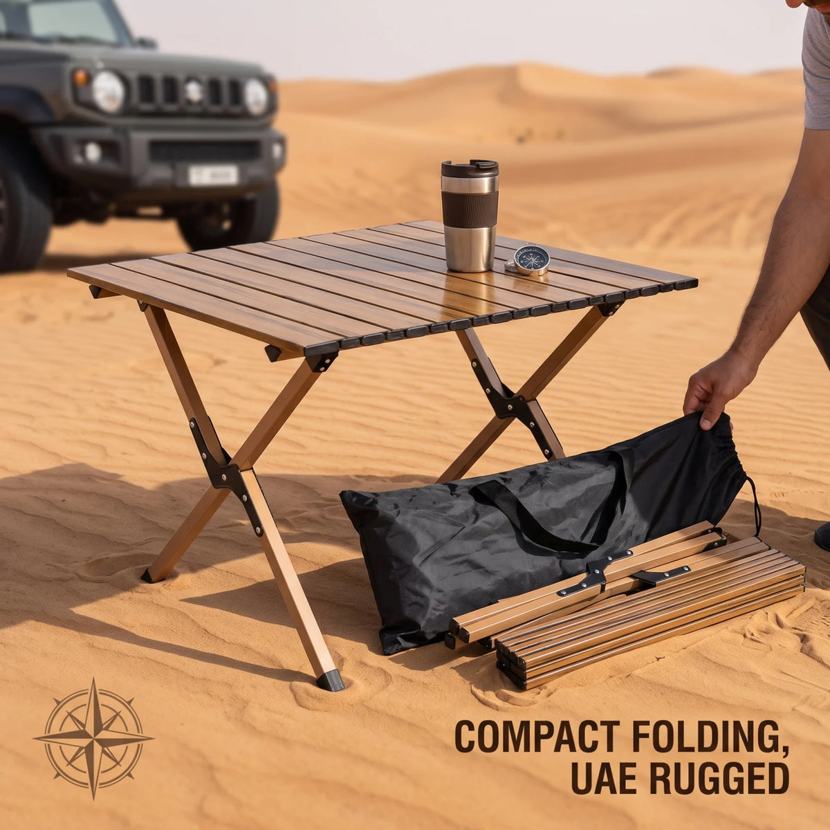 Portable Folding Roll-Up Alluminium Alloy Camping Table – Wood Effect, 44 x 58 x 60 cm | Slatted Picnic Table