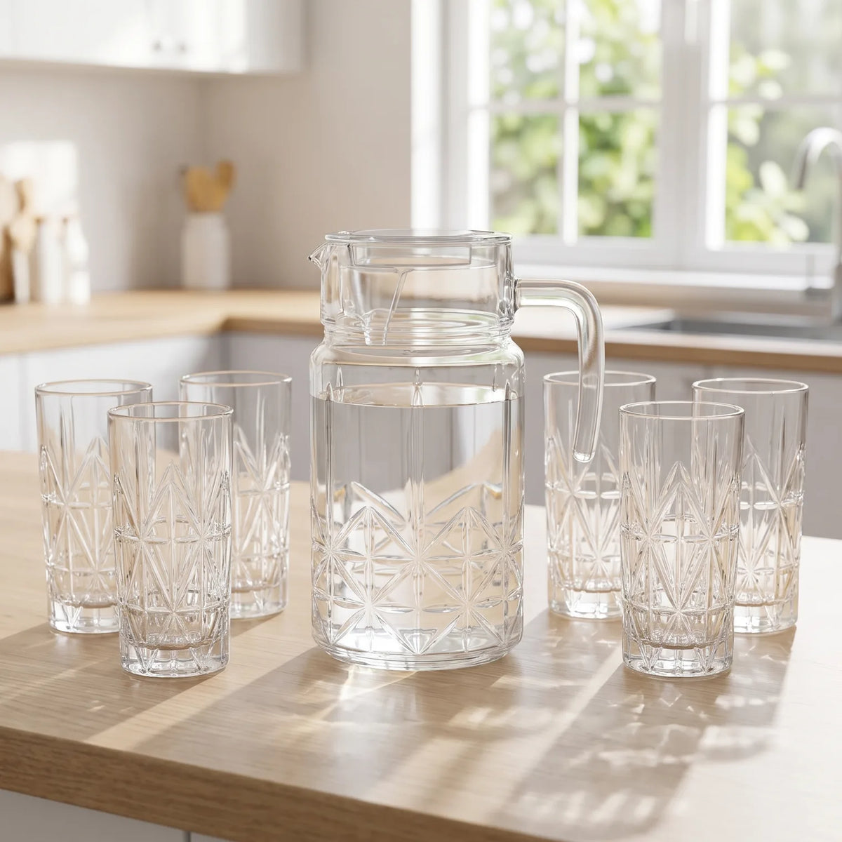 Happyware Drinkware Set – 1.8L Carafe with 6 x 360ml Glasses | Clear Geometric Pattern Water Jug and Glass Set, 7-Piece Serving Set