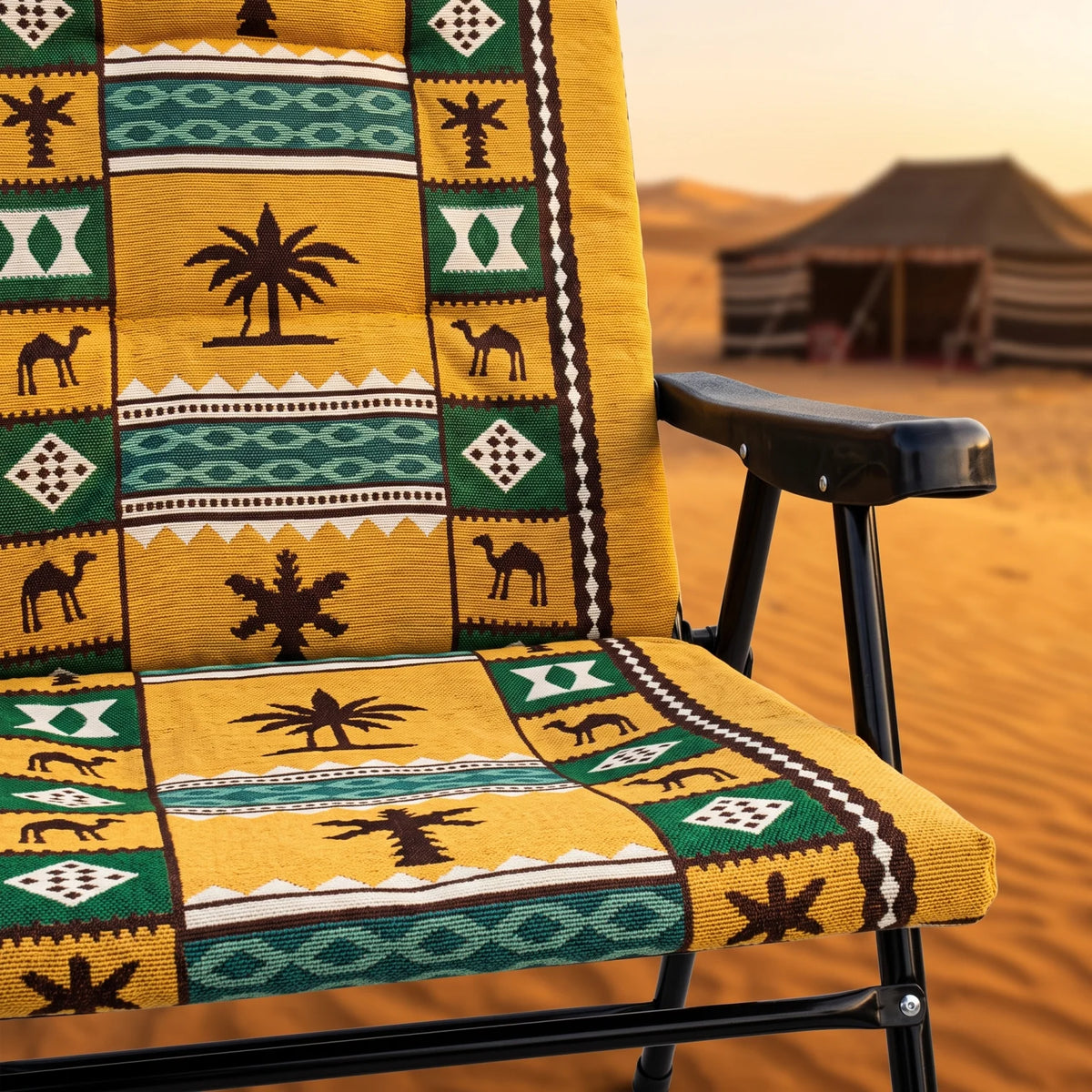 Jiham Portable Folding Leisure Camping Chair – 92 x 59 x 70 cm | Traditional Sadu-Style Camel and Palm Pattern | Armchair with Armrests