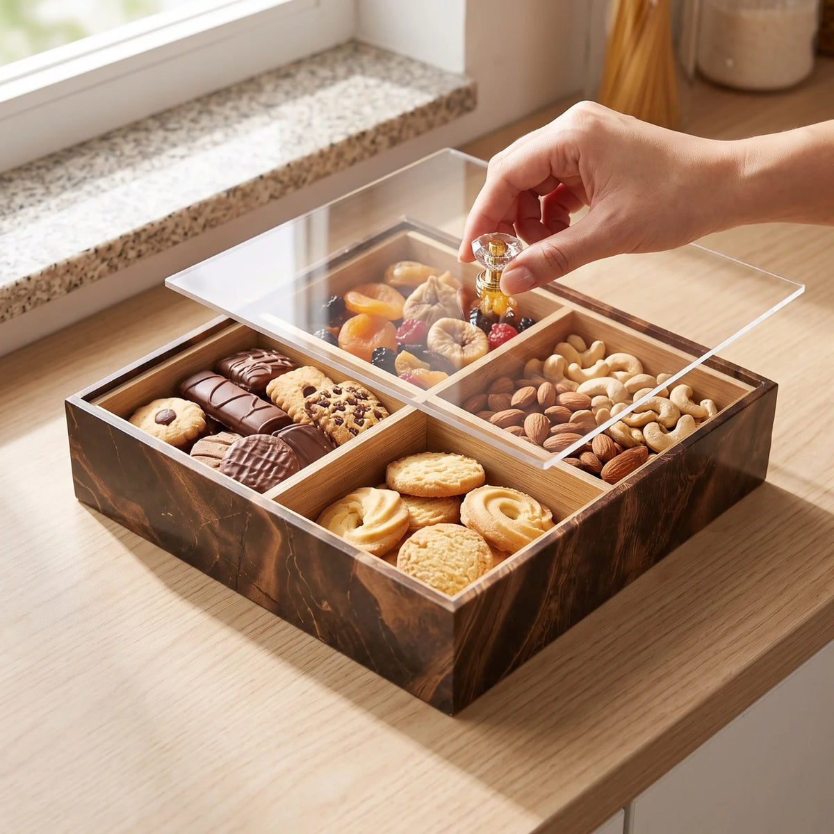 4-Compartment Divivded MDF Snack Fruit Serving Box – 20 x 20 x 8 cm | Clear Lid | Crystal Knob | Snack and Fruit Storage