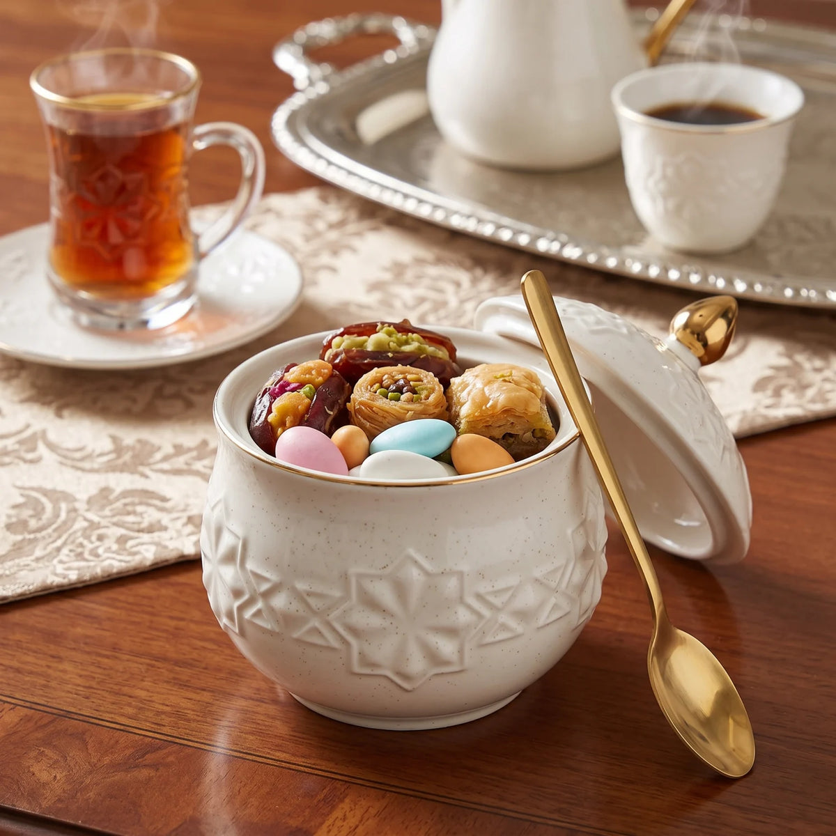 Rose tea & gahwa complete set – Glass Tea Cups, Porcelain Arabic Coffee Cups, Saucers, Lidded Candy Jar & Presentation Box
