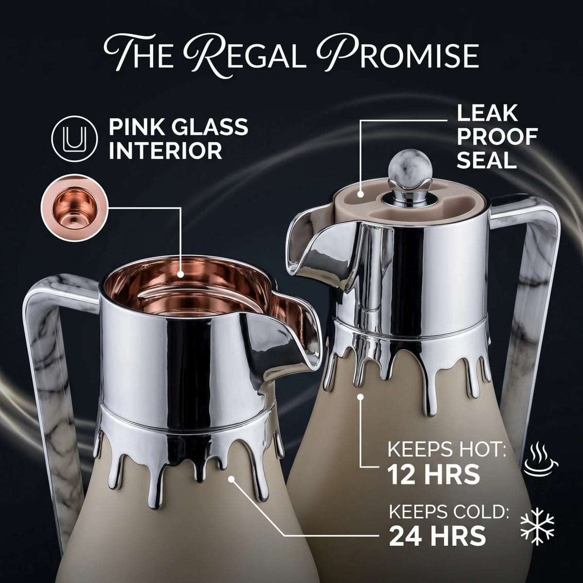 Regal 2 Piece Beige Vacuum Jug Set – 0.5L + 1.0L | Silver Drip Effect | Tea and Coffee Serving