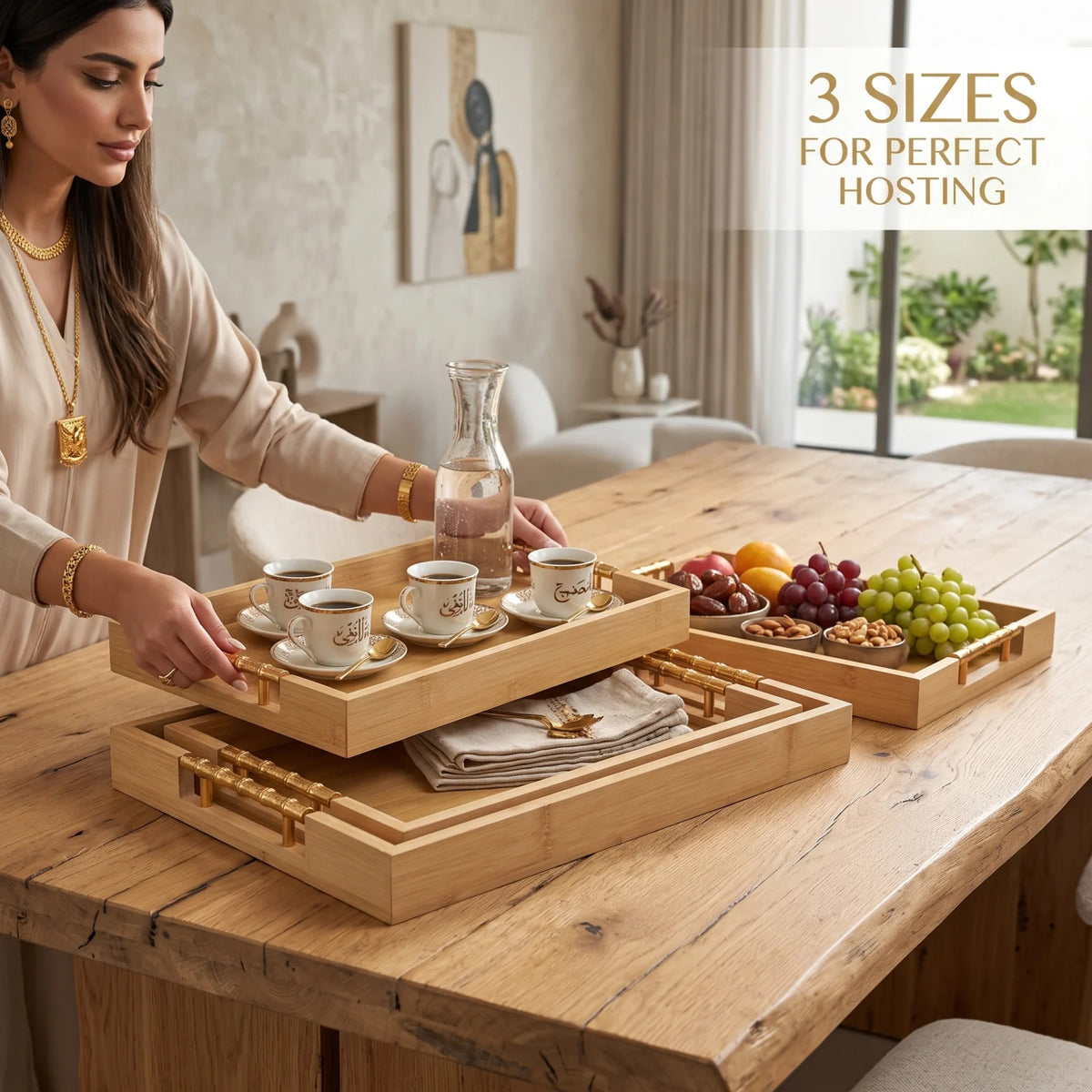 3-Piece Bamboo Serving Tray Set – Small, Medium & Large Rectangular Trays with Ornate Gold-Toned Handles | 26–46 cm Lengths for Home Serving