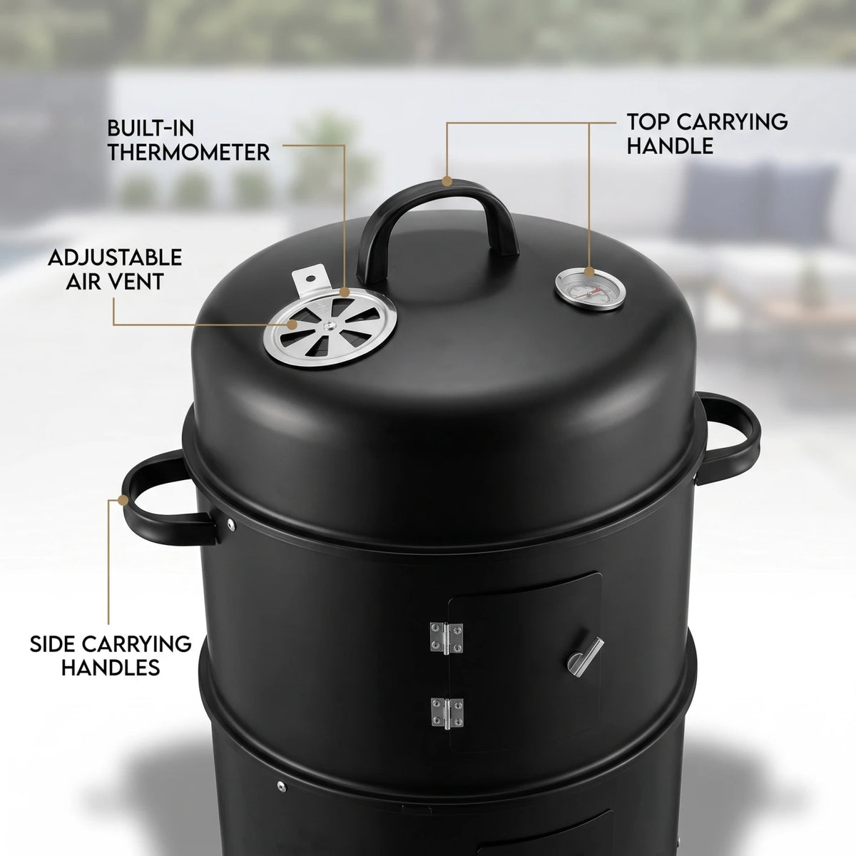 3-in-1 Vertical Charcoal Smoker Grill Black - Heavy Duty Portable Outdoor BBQ with Smoking Function, Built-in Thermometer, Air Vent & Domed Lid