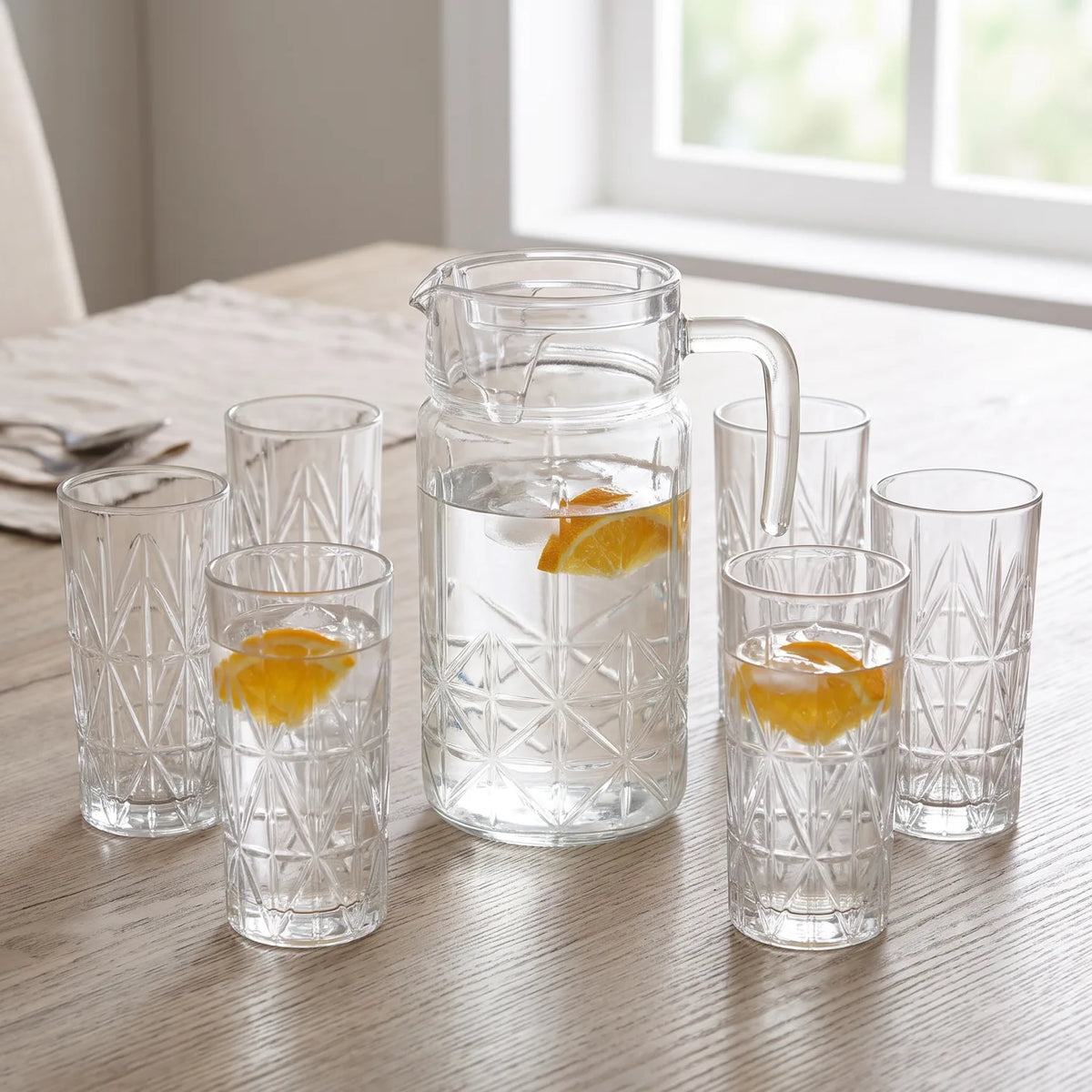 Happyware Drinkware Set – 1.8L Carafe with 6 x 360ml Glasses | Clear Geometric Pattern Water Jug and Glass Set, 7-Piece Serving Set