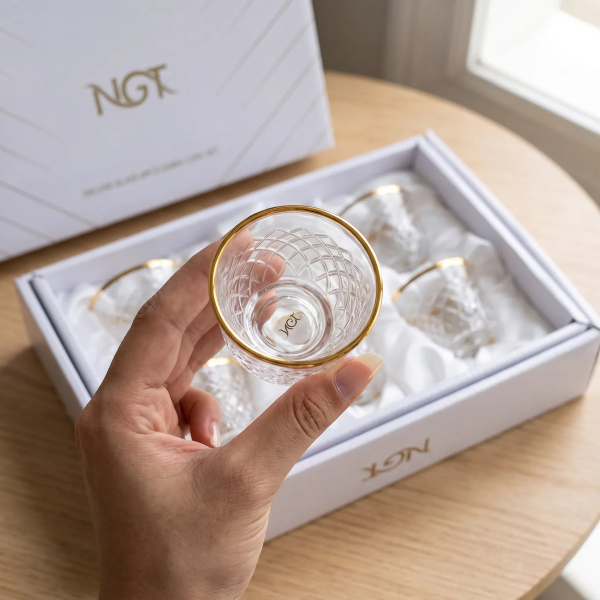 NGT 6 Pieces Glass Arabic Coffee Cups Set – Faceted Diamond Pattern, Gold-Colored Rim, Clear Glasses in Presentation Box