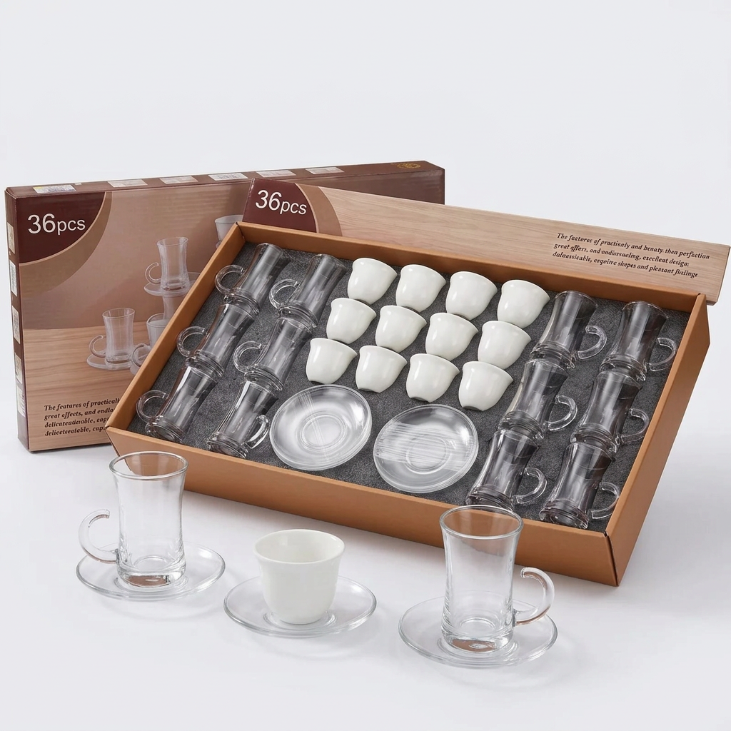36-Piece Cups and Saucers Set – 12 Glass Cups, 12 Fine Porcelain Coffee Cups & 12 Glass Saucers for Tea and Coffee