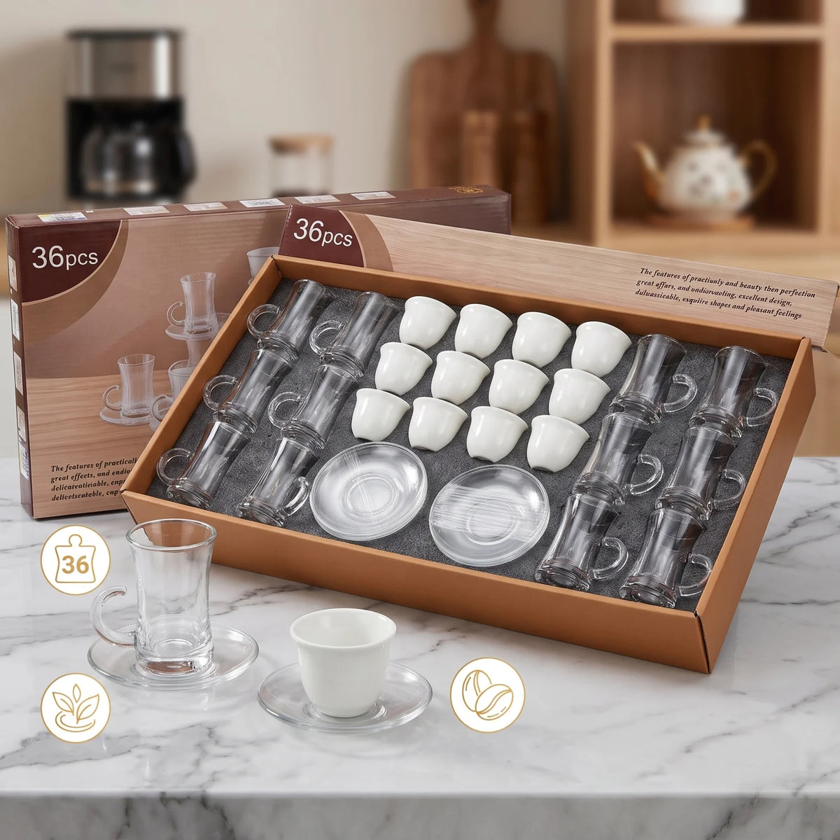 36-Piece Cups and Saucers Set – 12 Glass Cups, 12 Fine Porcelain Coffee Cups & 12 Glass Saucers for Tea and Coffee