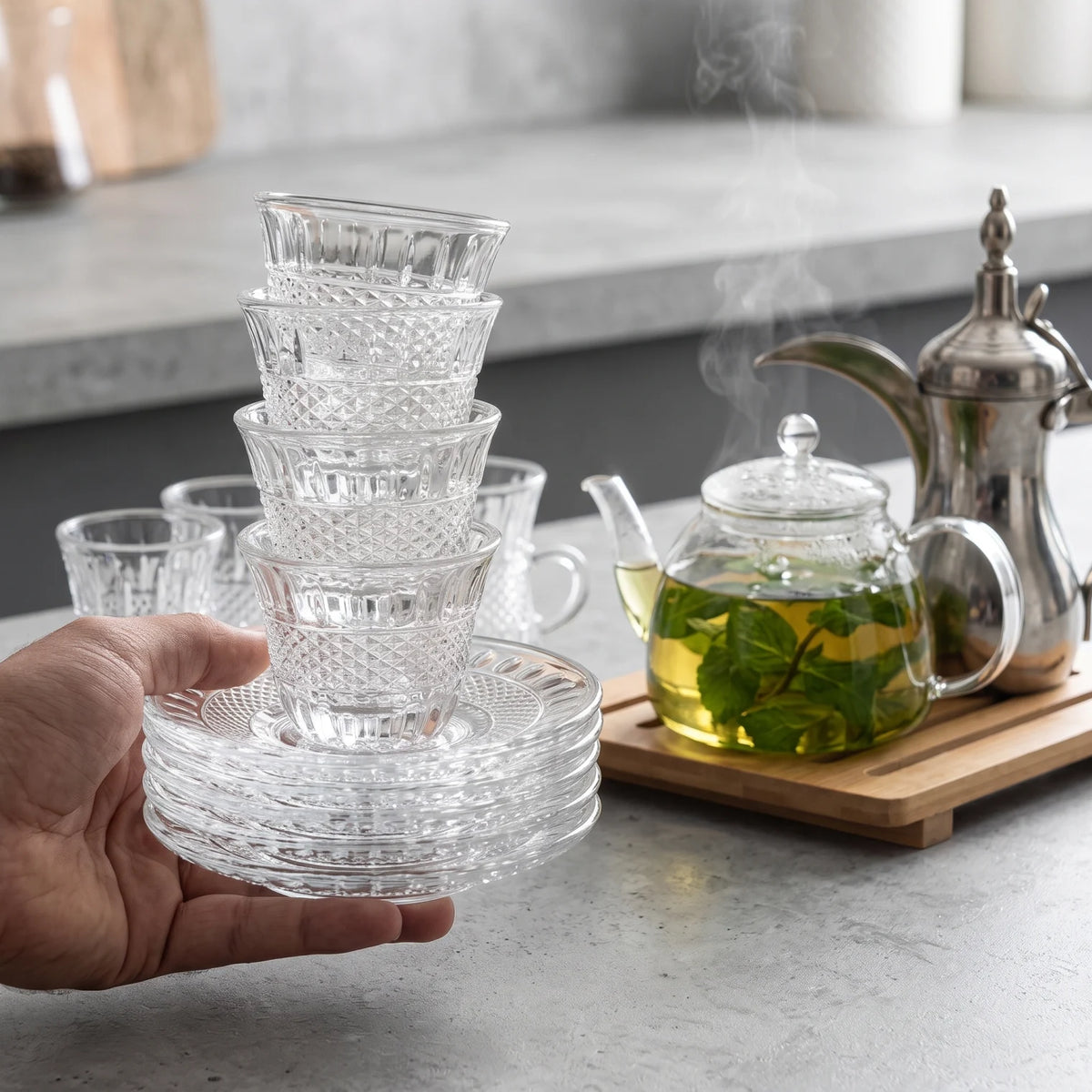 Happy ware 36 Pieces Tea and Coffee Set – 12 Glass Tea Cups, 12 Arabic Coffee Cups & 12 Glass Saucers