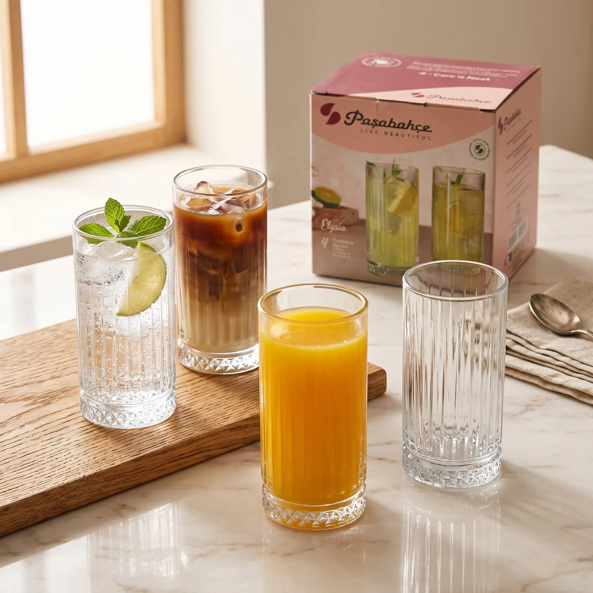 Pasabahce Elysia High Quality 4-Piece Glass Set, 435 CC Clear Tumblers | Ribbed Fluted Sides & Faceted Bases for Everyday Drinks and Table Serving