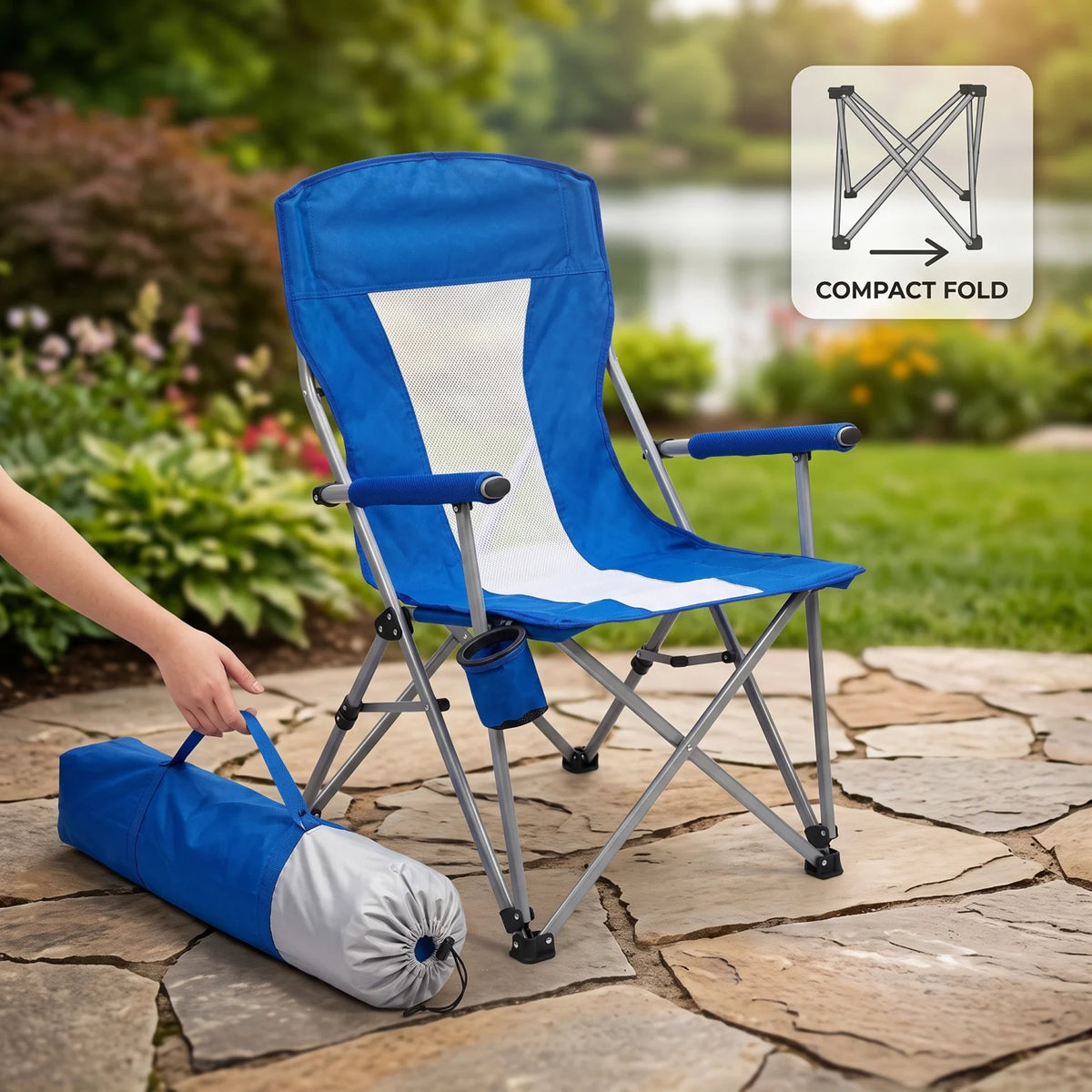 Portable Foldable Outdoor Camping Chair – 94 x 64 x 73 cm | Padded Armrests, Built-In Cup Holder | Folding Leisure Seat for Camping - Blue-White - Image 5